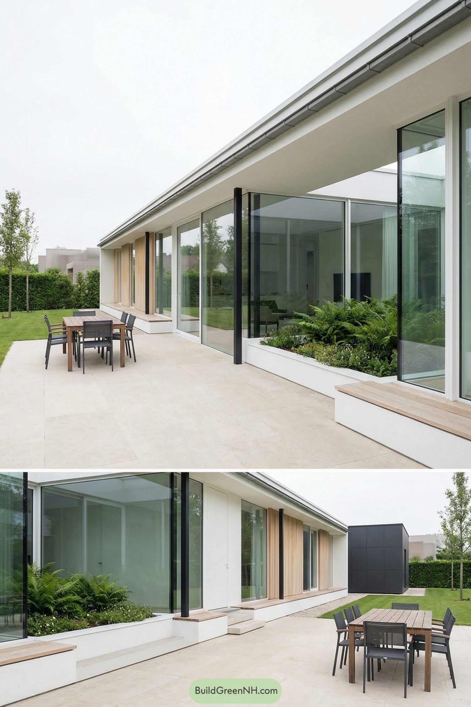 Minimalist white villa with large glass walls opening to a patio and lawn