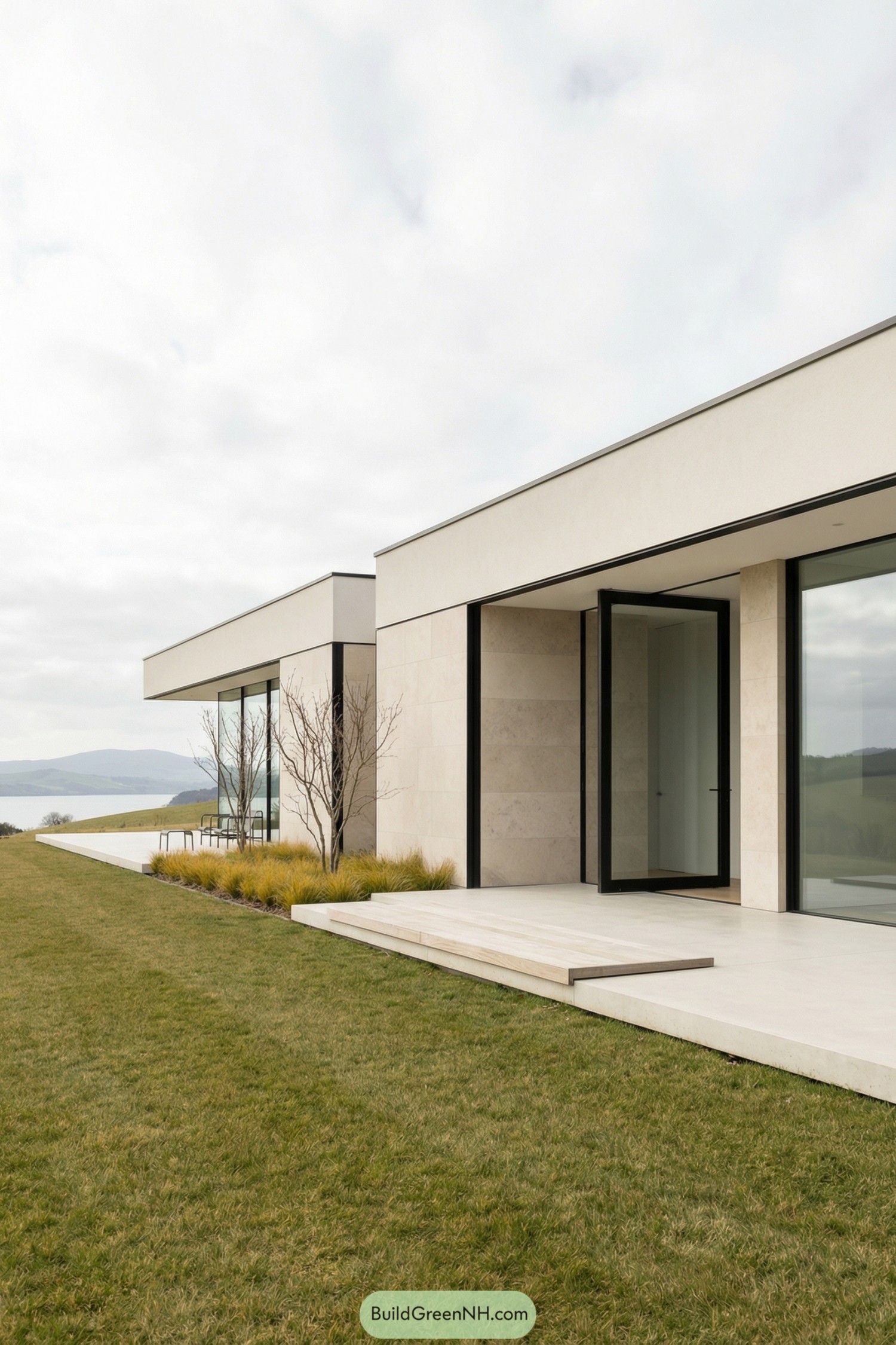 Minimalist flat roof villa with large glass walls overlooking a grassy lakeside slope