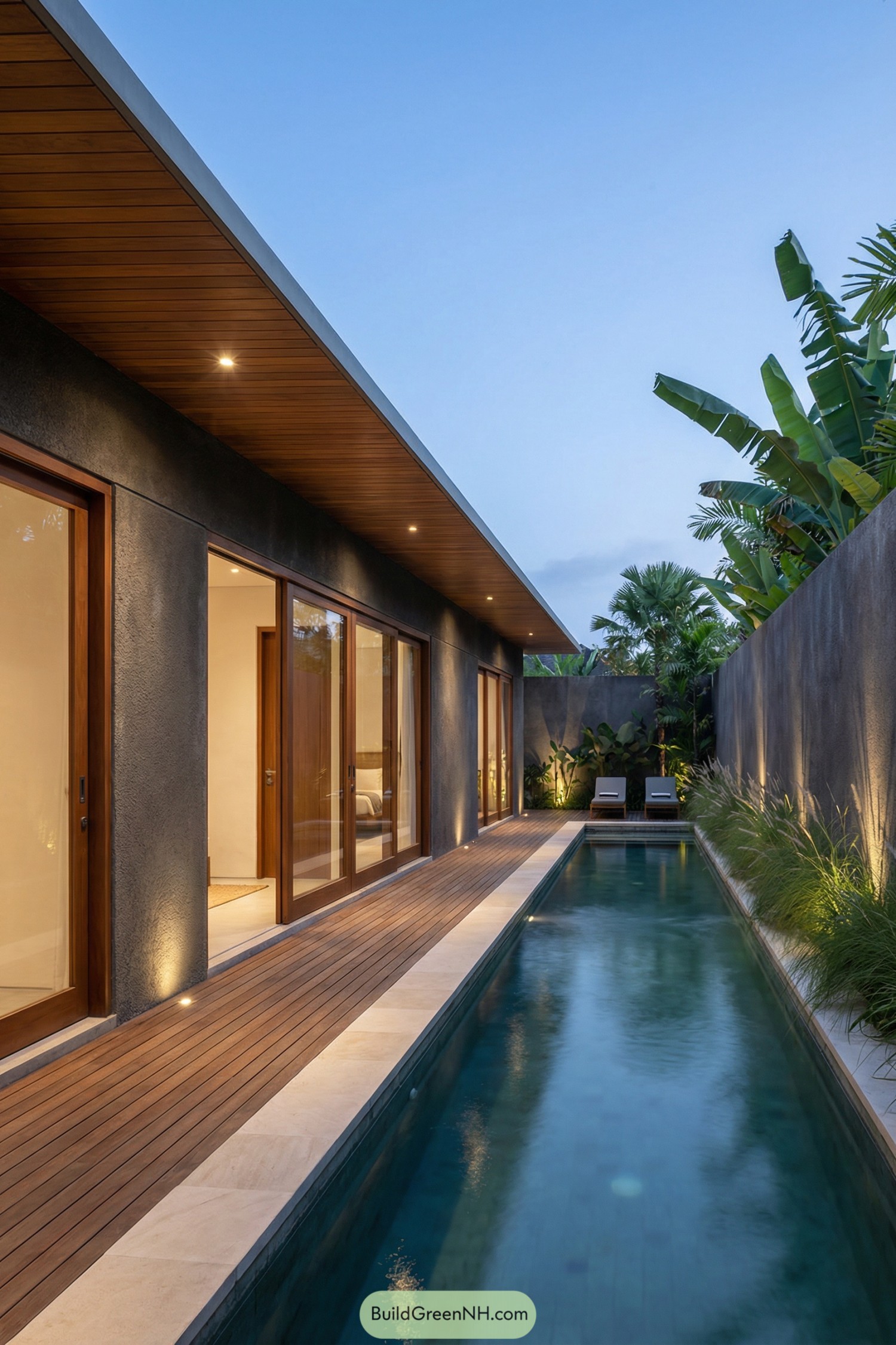 Modern villa with narrow lap pool and wood deck