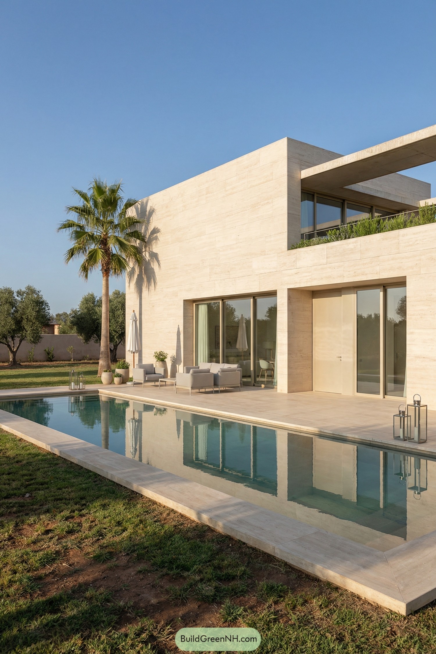 high-res photo of minimalist villa, monolithic rectangular facade with clean lines and large recessed openings, strict minimalist style, light beige stone cladding with subtle horizontal veining, warm neutral color palette, elongated box-like shape with strong right angles and deep wall thickness, flat roof with straight parapet and a partially visible upper terrace edged by low greenery, exterior walls in uniform honed limestone or travertine slabs, narrow stone coping running around roofline, full-height sliding glass windows set in deep rectangular niches, thin metal frames in light champagne tone, single solid entrance door flush with facade in matching stone tone, long linear swimming pool running parallel to two sides of the villa with sharp-edged stone border, minimal pool terrace in pale stone with a few low modular outdoor sofas and armchairs in light grey fabric, white parasol and discrete planters near a tall palm, metal lanterns placed at pool corners, surrounding landscaping of trimmed grass with patches of exposed soil, scattered mature olive trees and a tall palm tree casting clear shadows on the facade, open flat background with low walls and distant sparse vegetation under clear blue sky, late afternoon soft sunlight creating crisp shadows and strong reflections of the villa in the still pool water, single real-life photo, high-resolution, architectural photography, soft lighting, cinematic composition.
