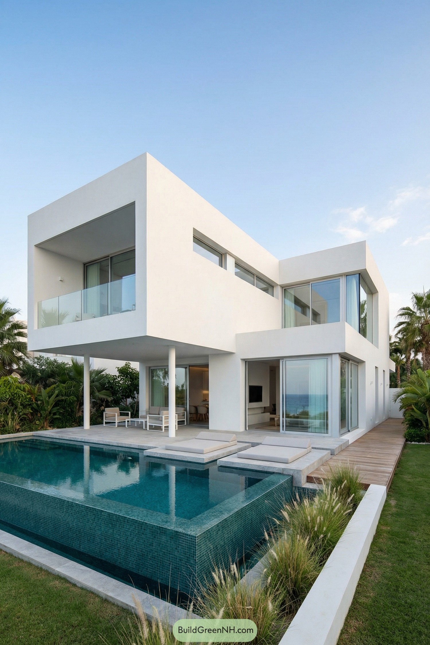 White two story minimalist villa with cube volumes, glass walls, and an elevated infinity pool surrounded by greenery