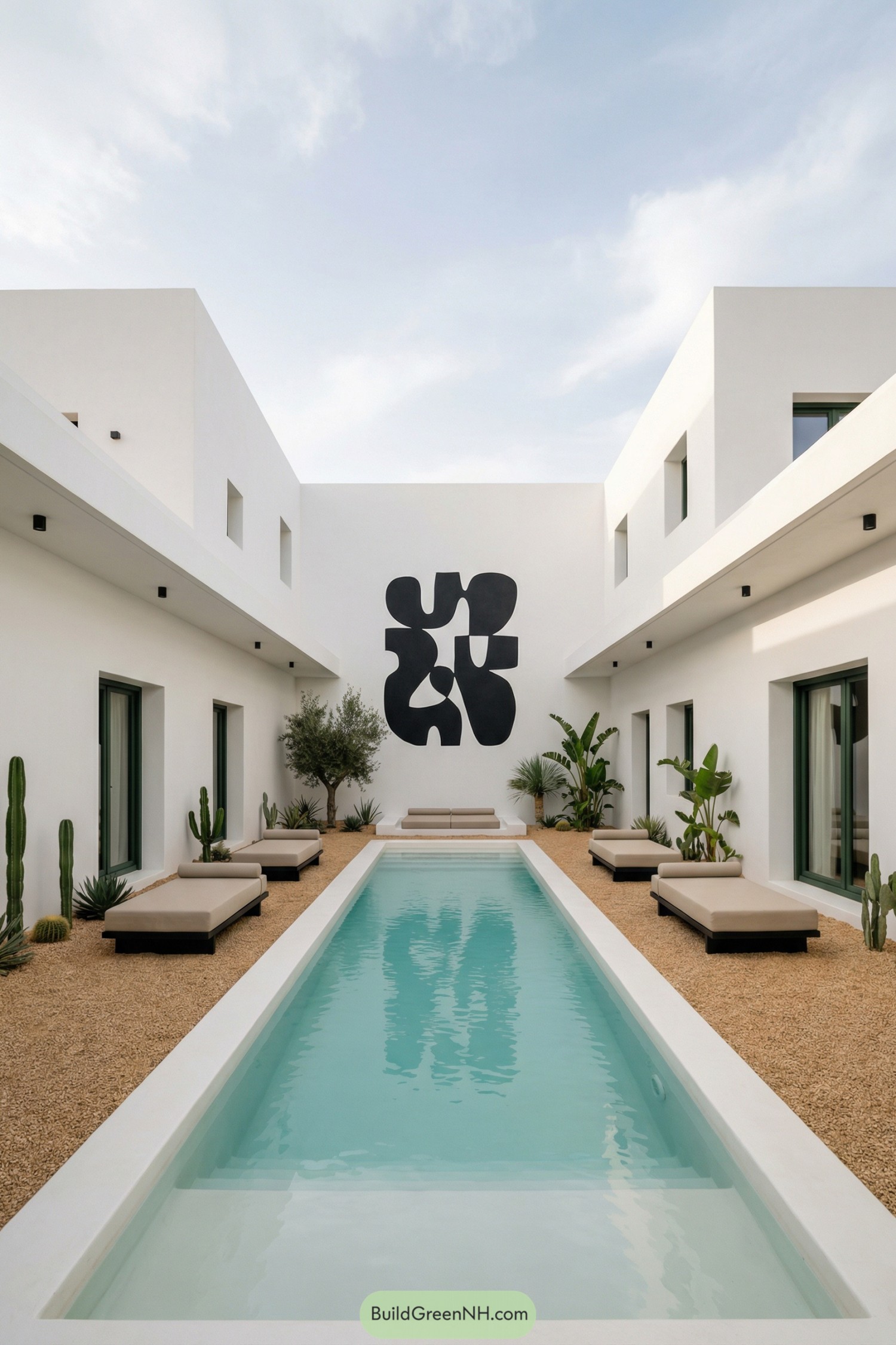 Minimalist white courtyard villa with central pool loungers and bold black wall art
