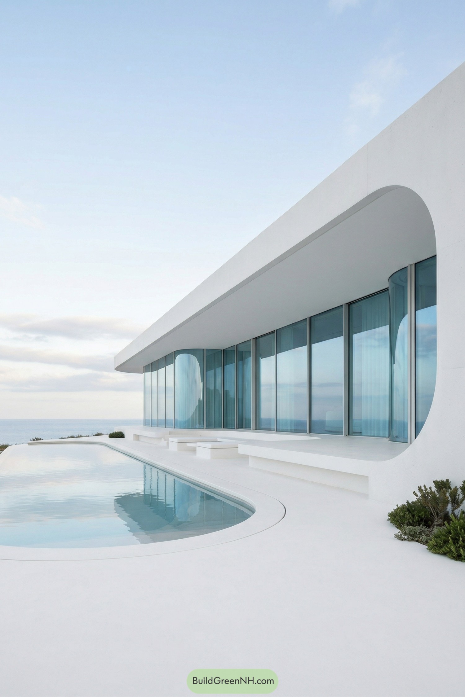 Minimalist white seaside villa with curved pool terrace and full height blue glass facade