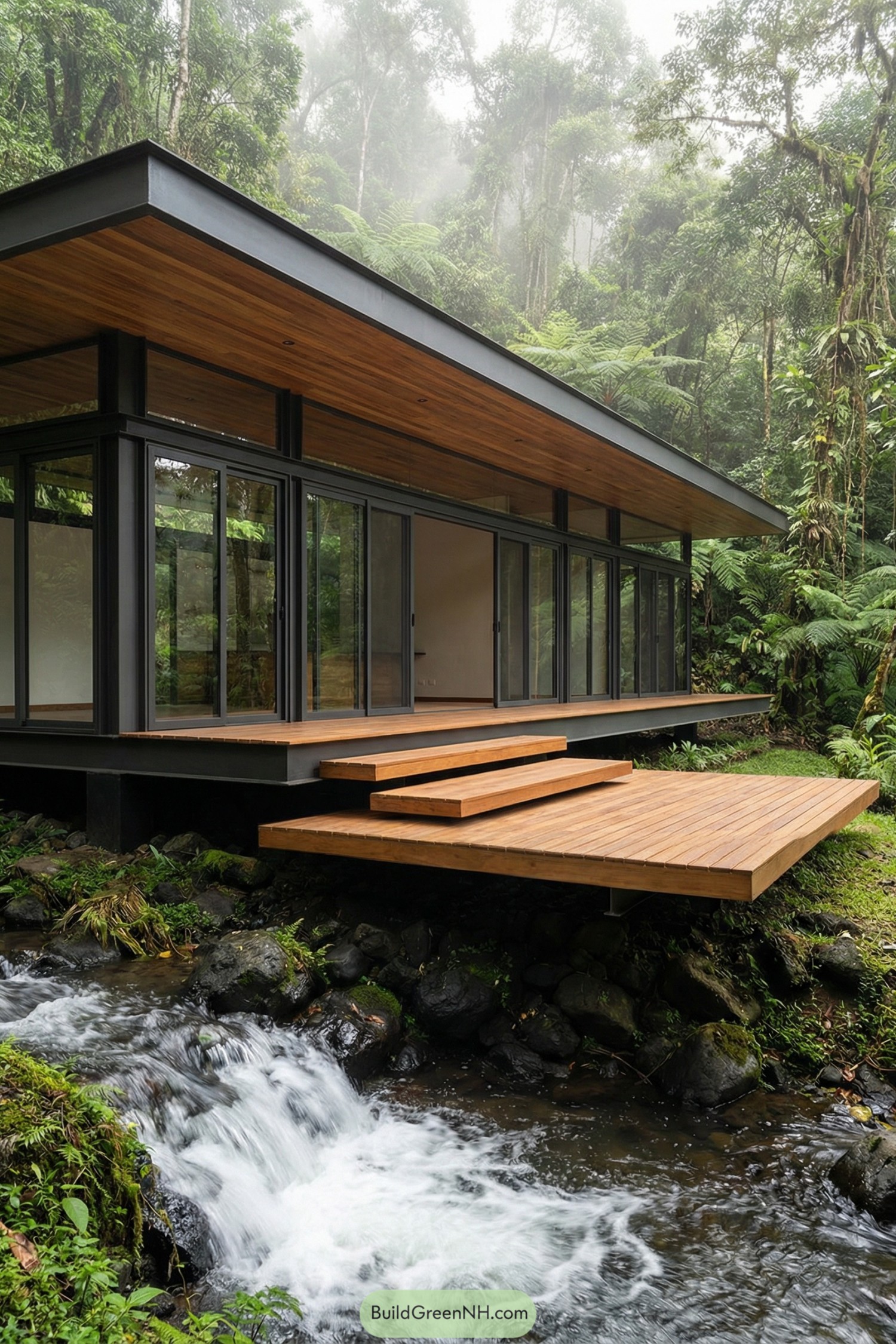 Modern glass villa with wood deck hovering over a rocky stream in dense forest