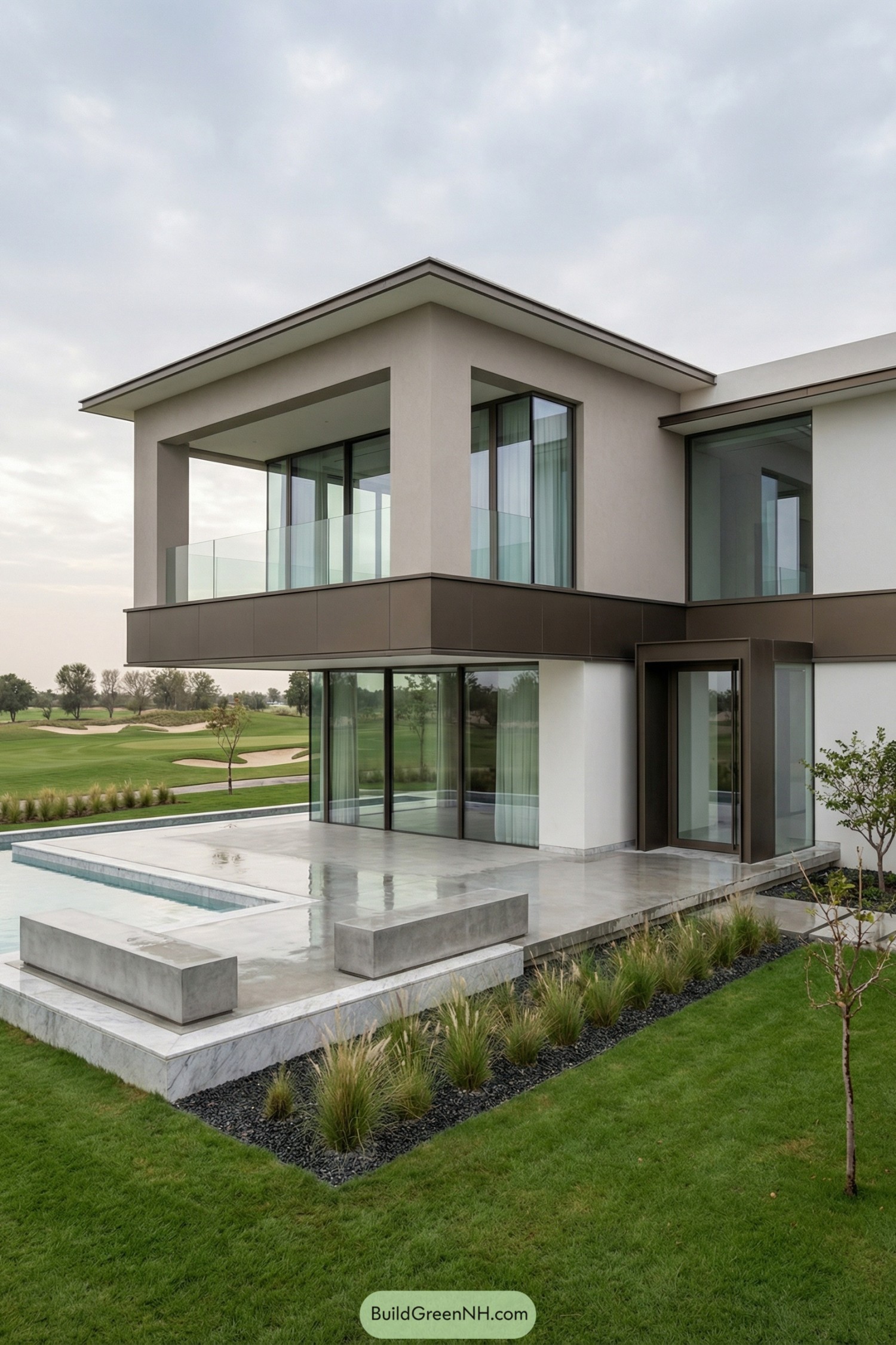 Minimalist two story villa with broad glass walls opening to a reflecting pool and manicured lawn by a golf course