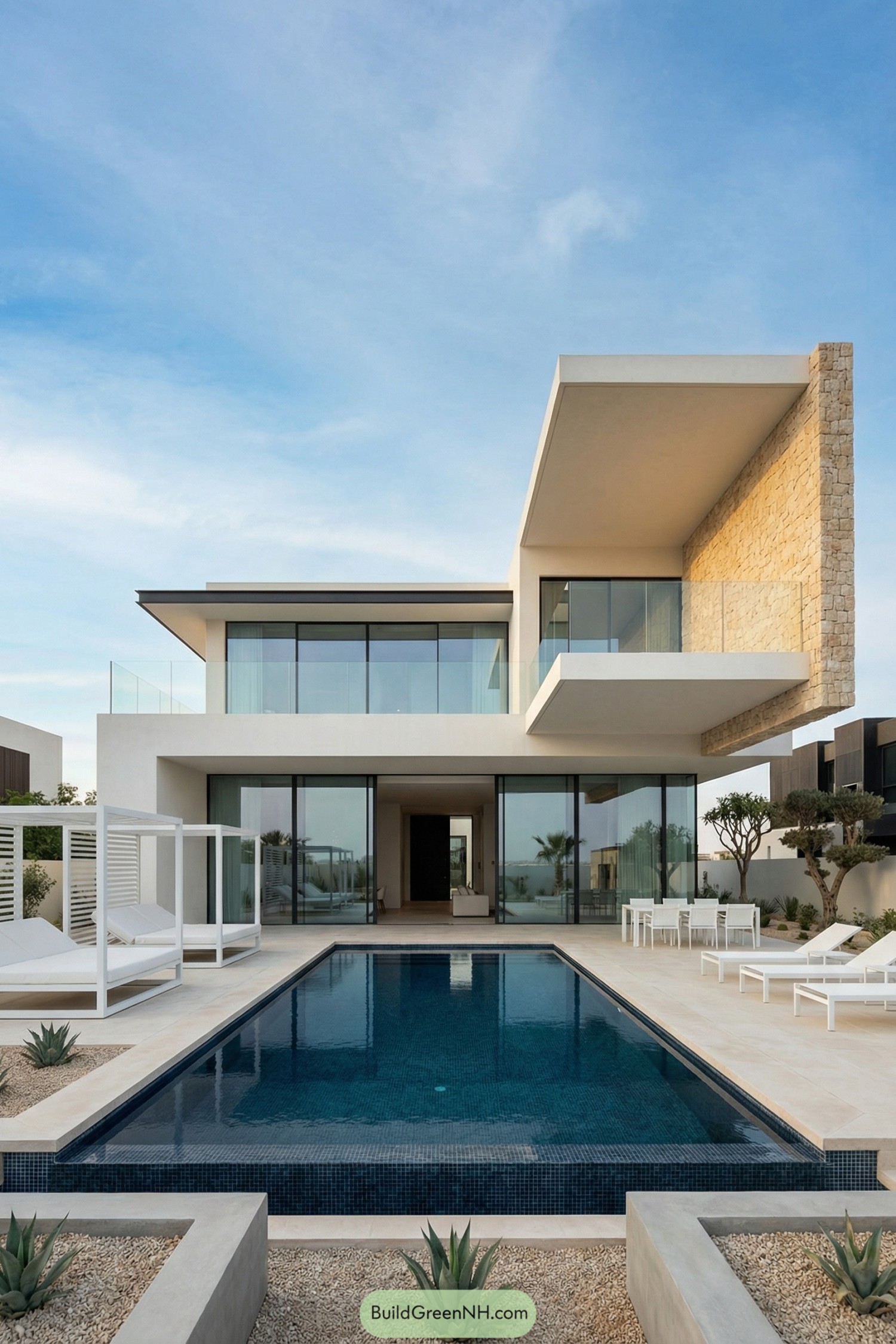 Modern white villa with cantilevered upper floor, stone feature wall, and slim pool courtyard