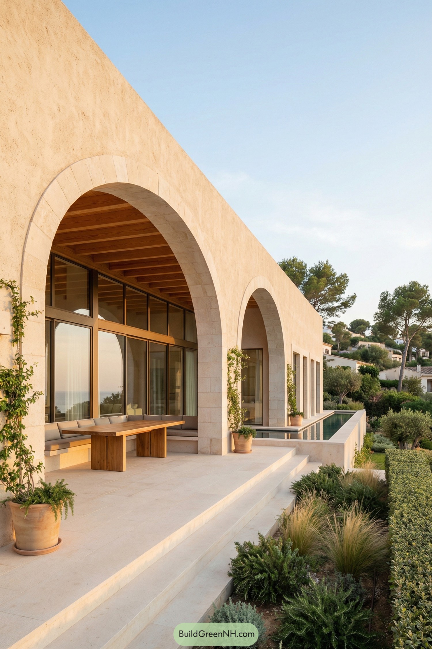 Stone arched villa terrace with linear pool and lush Mediterranean planting