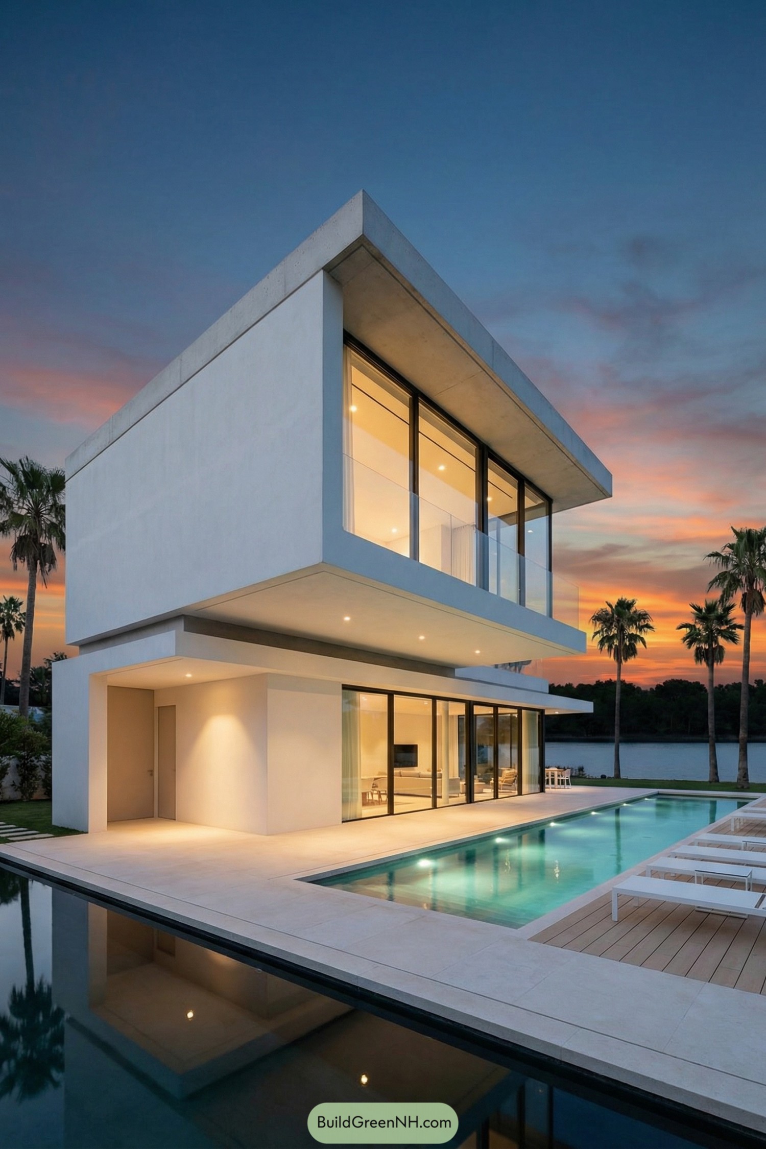 Minimalist white two story villa with expansive glass walls overlooking a narrow pool at sunset