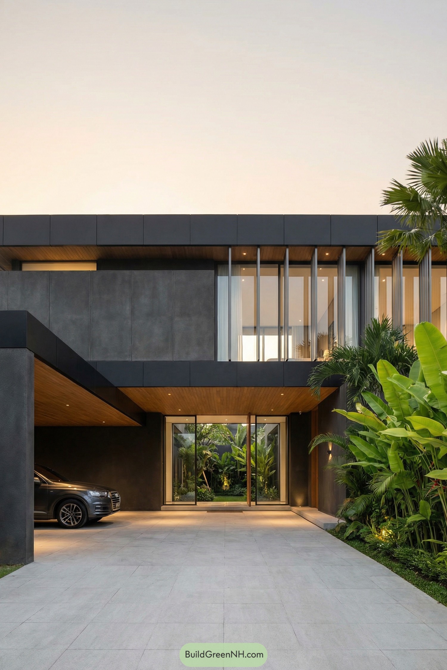 Modern two story Bali house with dark facade framing a lush internal garden courtyard