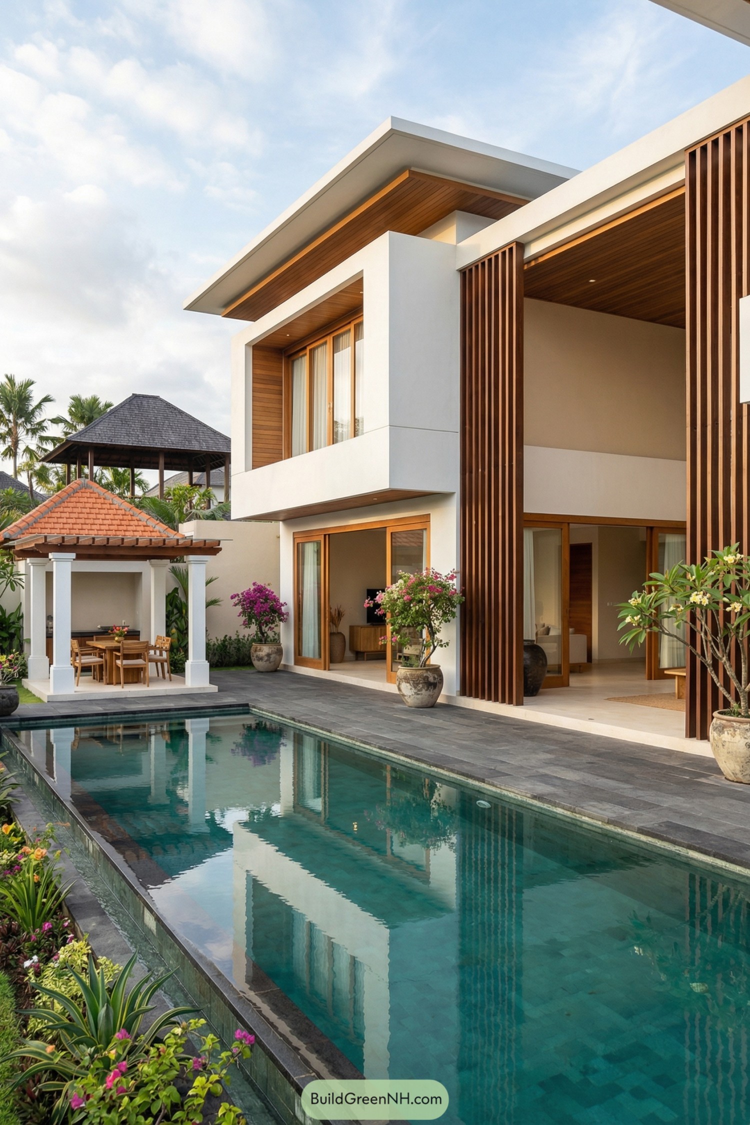 Modern Bali villa with long pool, pavilion, and warm wood accents