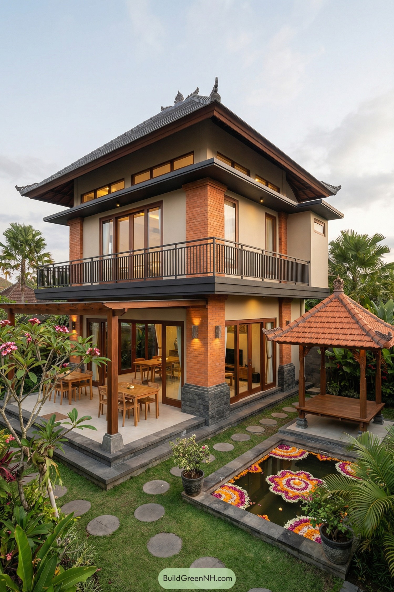 Two story Balinese villa with brick pillars, open terrace, garden gazebo, and decorative flower pond