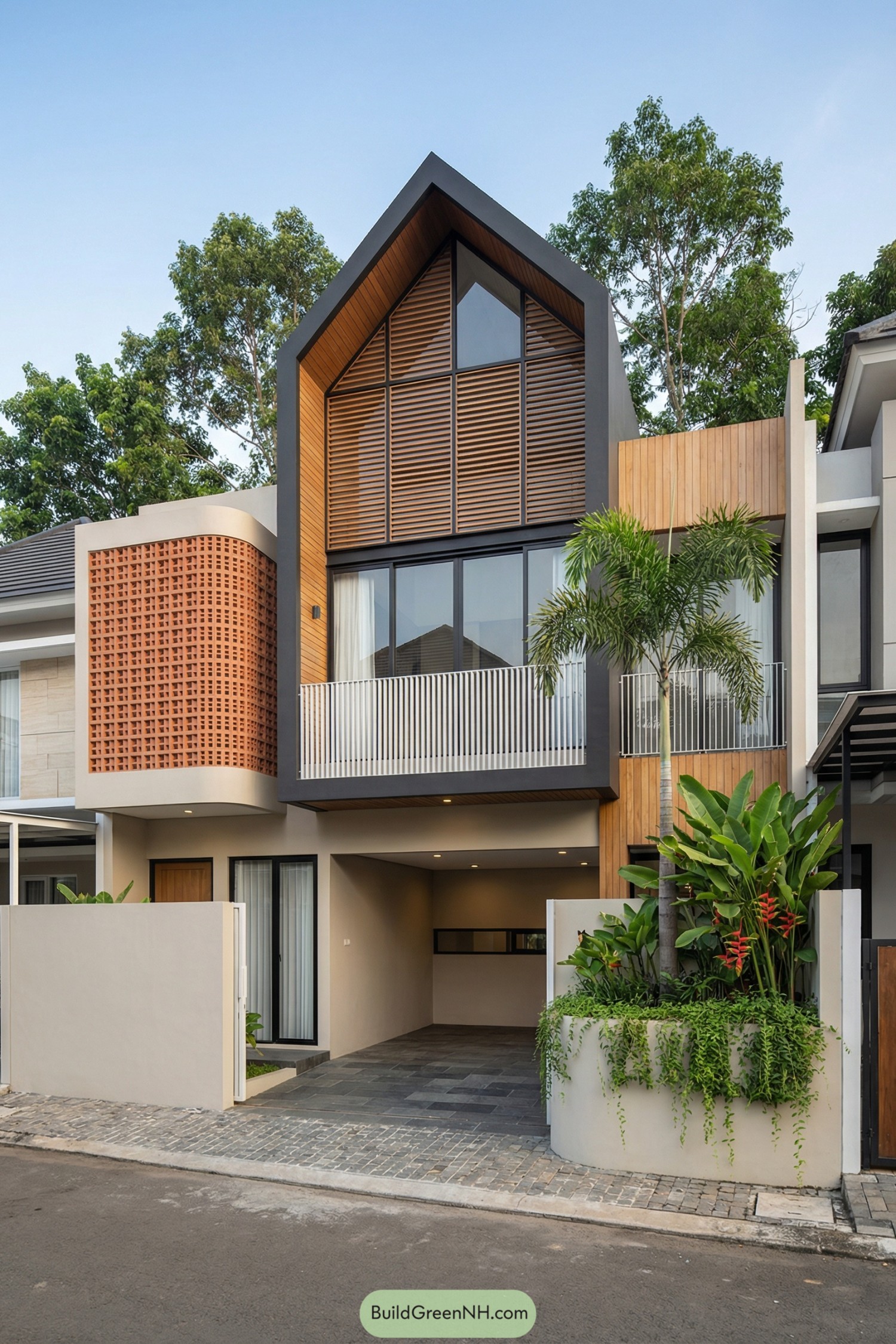 Modern two story Bali townhouse with gabled roof, timber screens, breeze block wall, and lush front planter