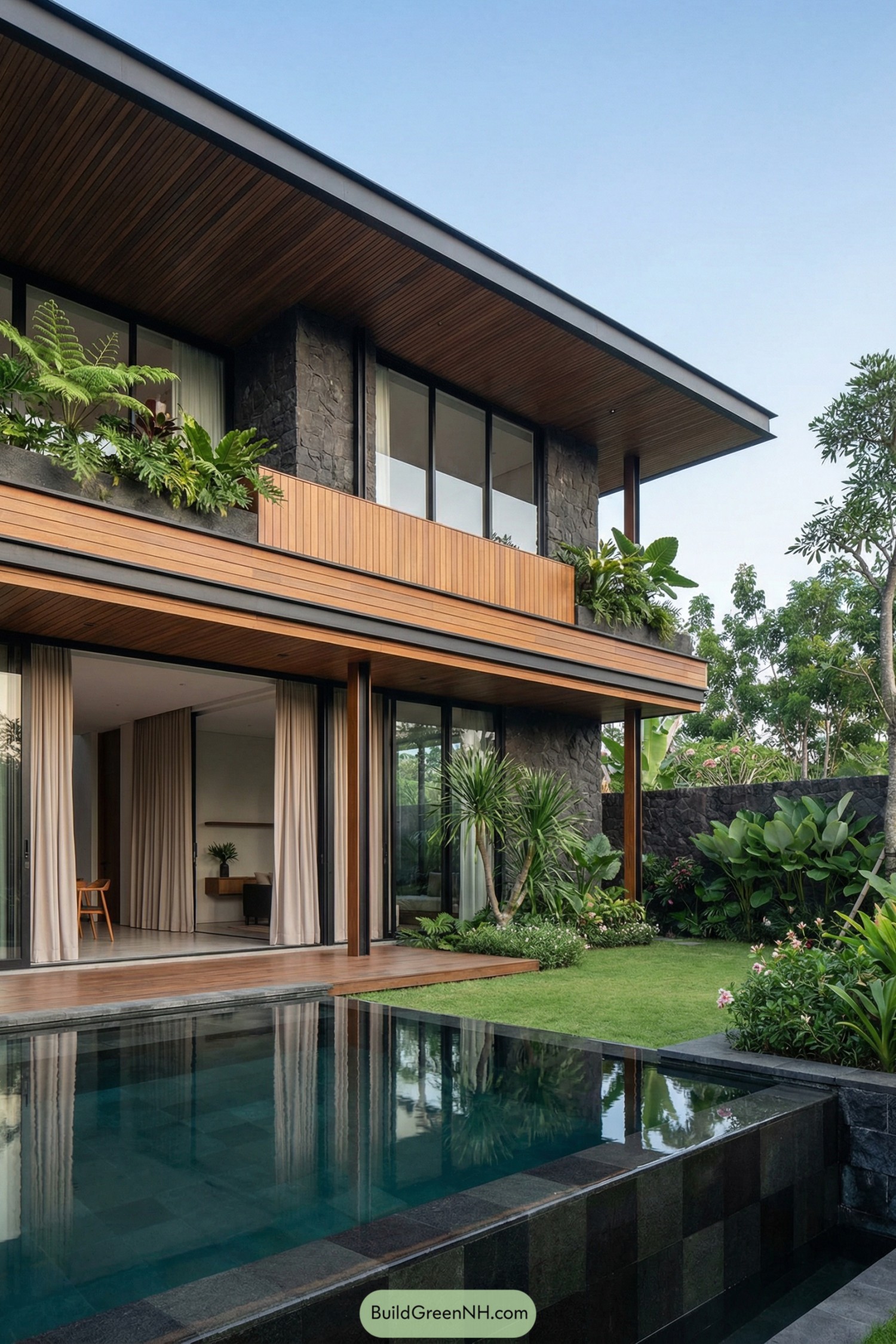 high-res photo of modern bali house, contemporary tropical facade with clean rectangular lines and wide cantilevered upper floor, dominant colors dark charcoal stone, warm teak wood, black metal accents, and lush green vegetation, two-story box-shaped structure with strong horizontal roof planes and open ground floor shaded by slender wooden and metal columns, exterior walls in textured dark stone cladding combined with smooth horizontal wooden paneling and large glass surfaces, flat slightly tapered roofs with broad overhangs and underside clad in linear warm wood slats, extensive floor-to-ceiling windows with black aluminum frames and sliding glass panels on both levels, wide glass sliding doors on the ground floor fully opened and framed by light beige curtains, continuous upper-level balcony with black metal railings and integrated planter boxes filled with greenery, ground-level outdoor area with light timber decking wrapping around the house and extending to a rectangular reflective pool with dark tiles and crisp edges, adjacent sun loungers on the deck and low dark-stone garden walls defining the courtyard, landscaping with manicured bright-green lawn, sculptural palm trees, large-leaf tropical plants, flowering shrubs, and dense planting along boundaries, surrounding environment of private garden setting with taller trees and foliage beyond the walls under clear blue sky, single real-life photo, high-resolution, architectural photography, soft lighting, cinematic composition.