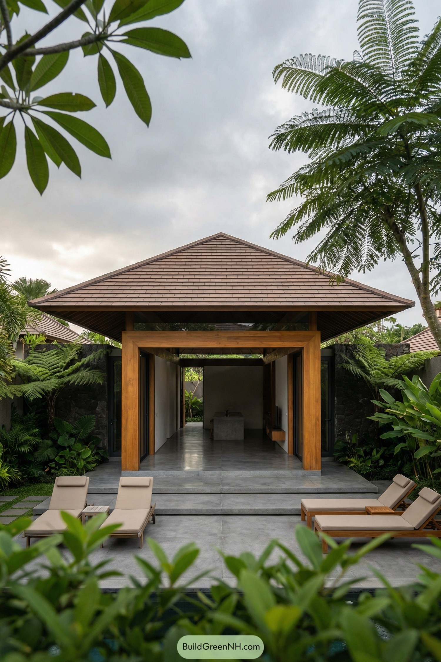 Open-sided Bali pavilion villa with timber frame, tiled roof, and poolside loungers in a lush garden