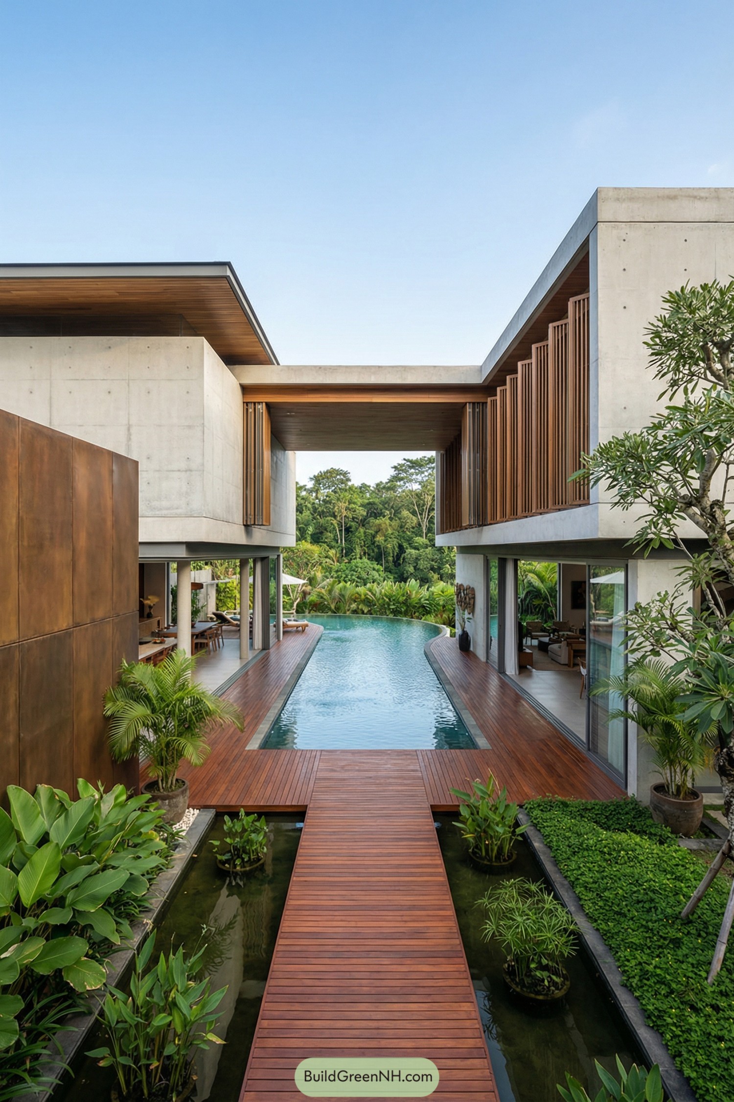 Modern Bali villa with long central pool, timber walkways, and lush garden ponds
