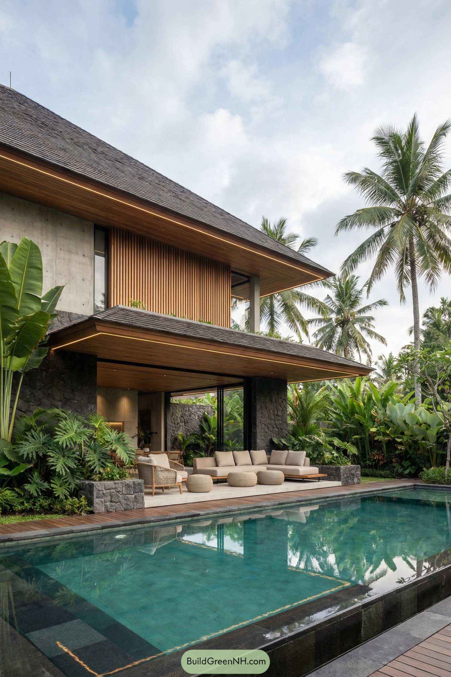 Modern Bali villa with wood overhang, stone base, and pool