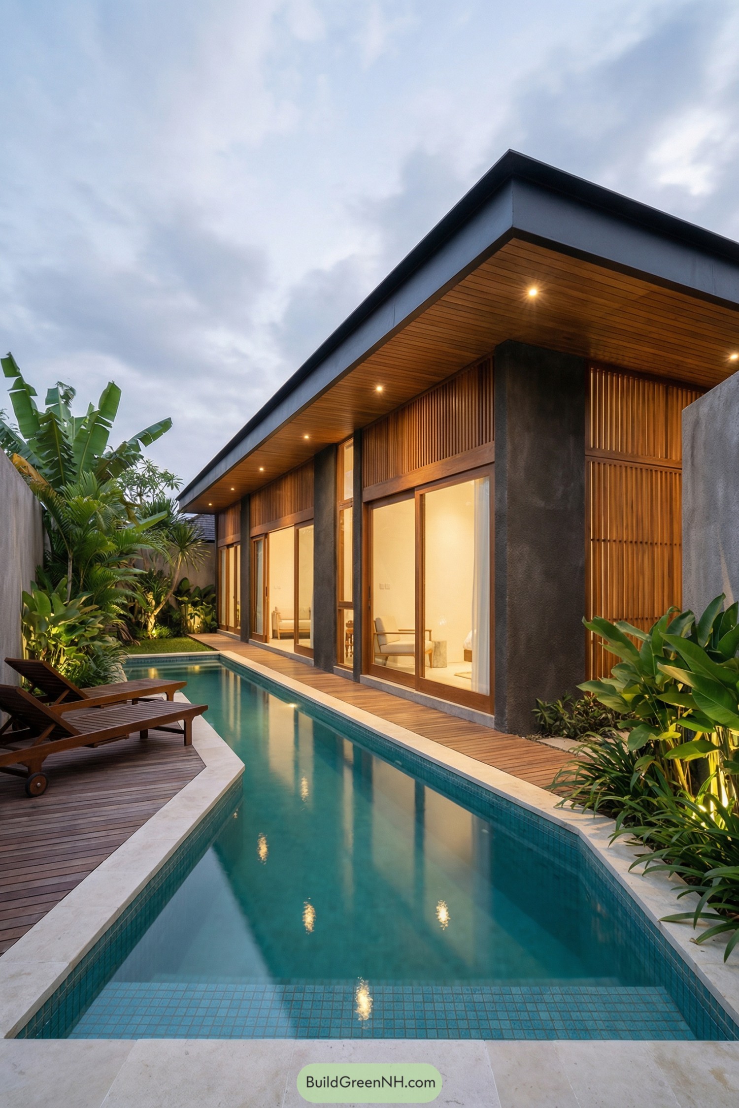 Narrow modern villa with long pool and tropical plants