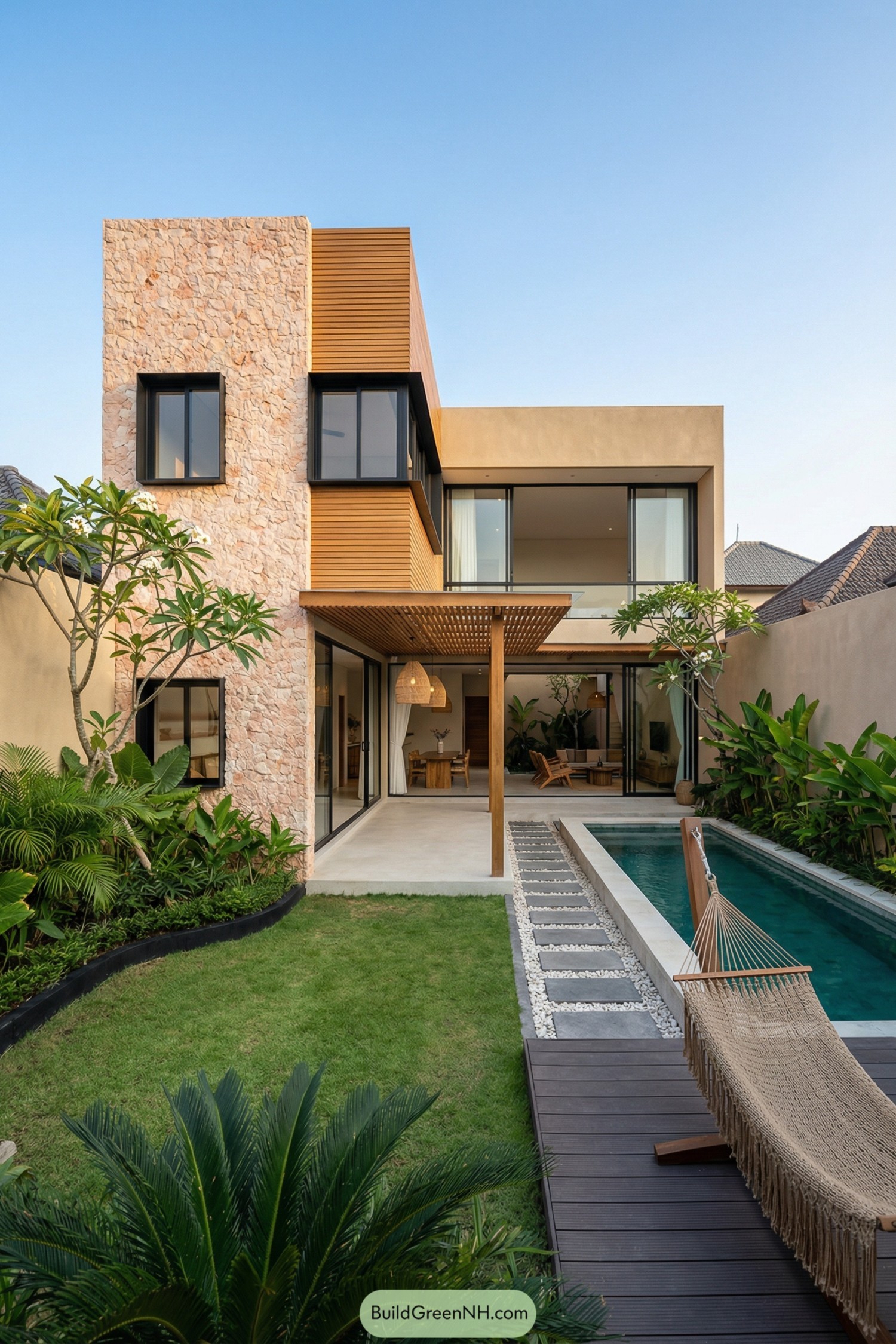 Modern Bali courtyard house with pool and hammock