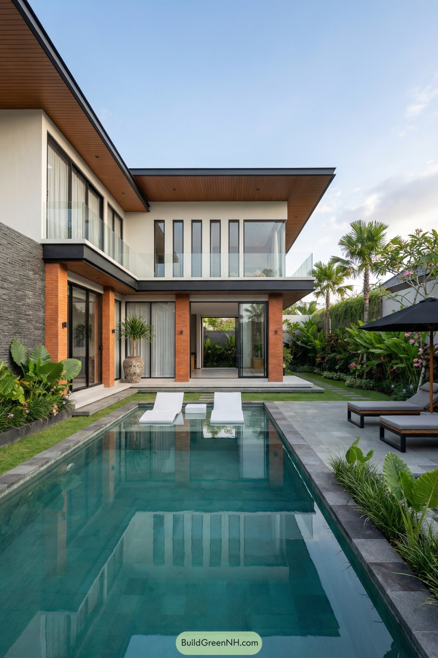 Modern two story Bali villa with long pool, glass railings, and lush tropical garden