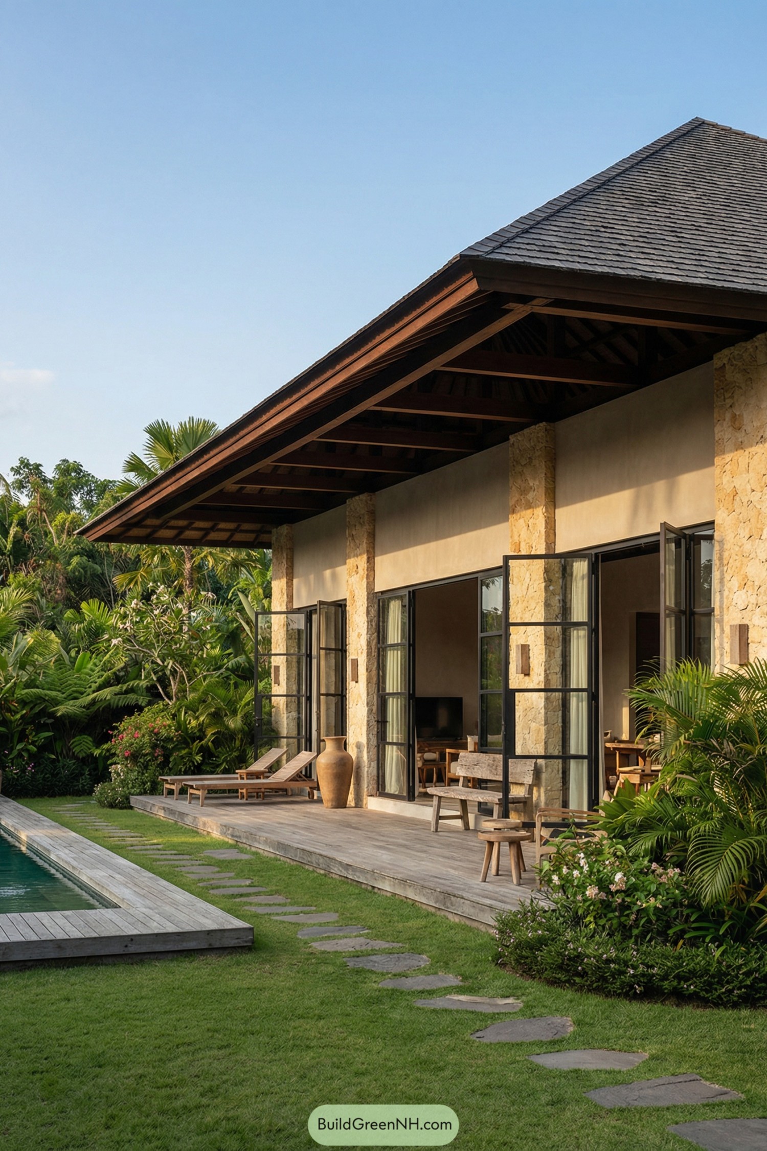 Tropical stone villa with poolside veranda