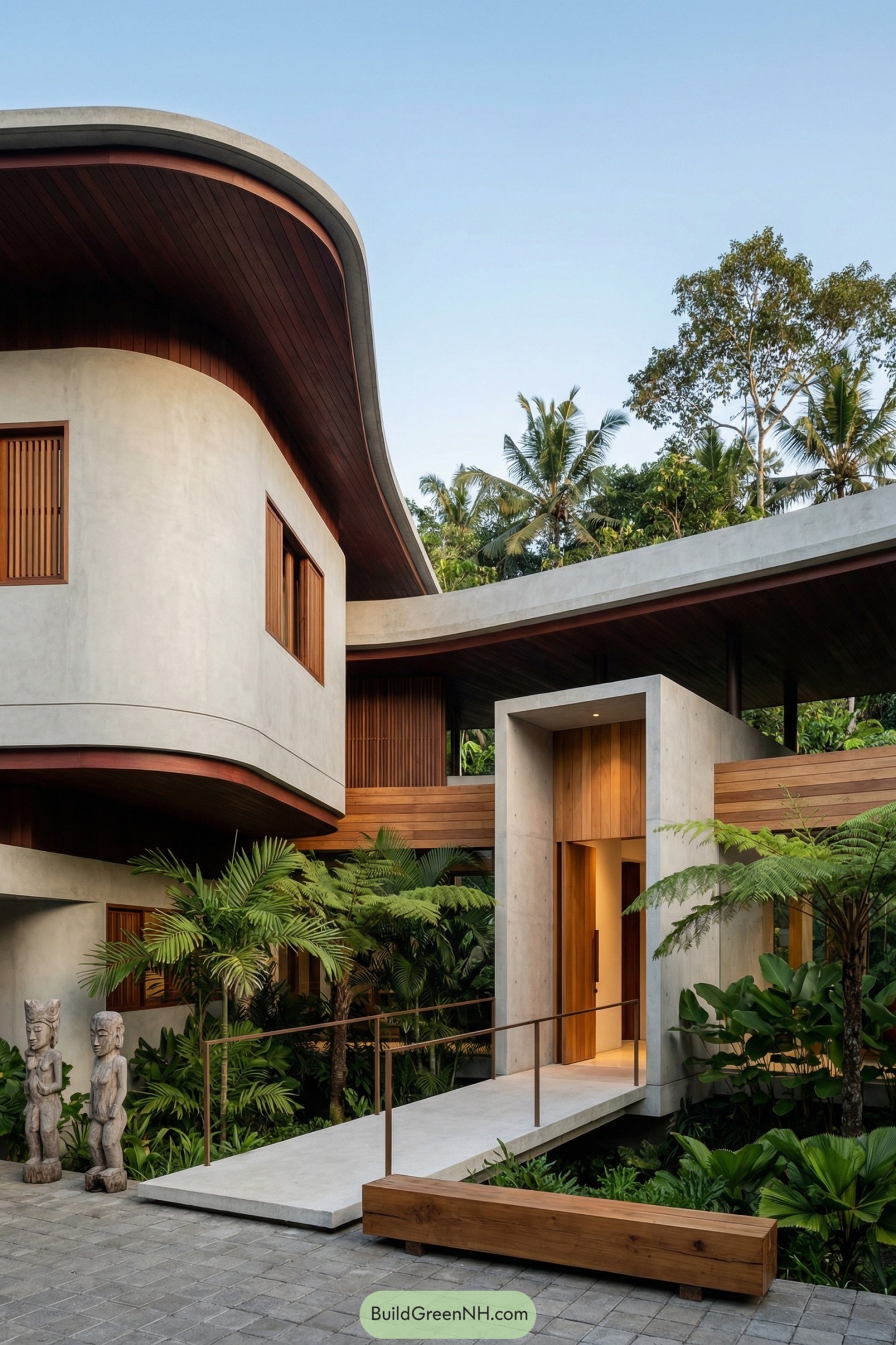 Modern concrete and wood Bali house with curved roof and lush tropical courtyard