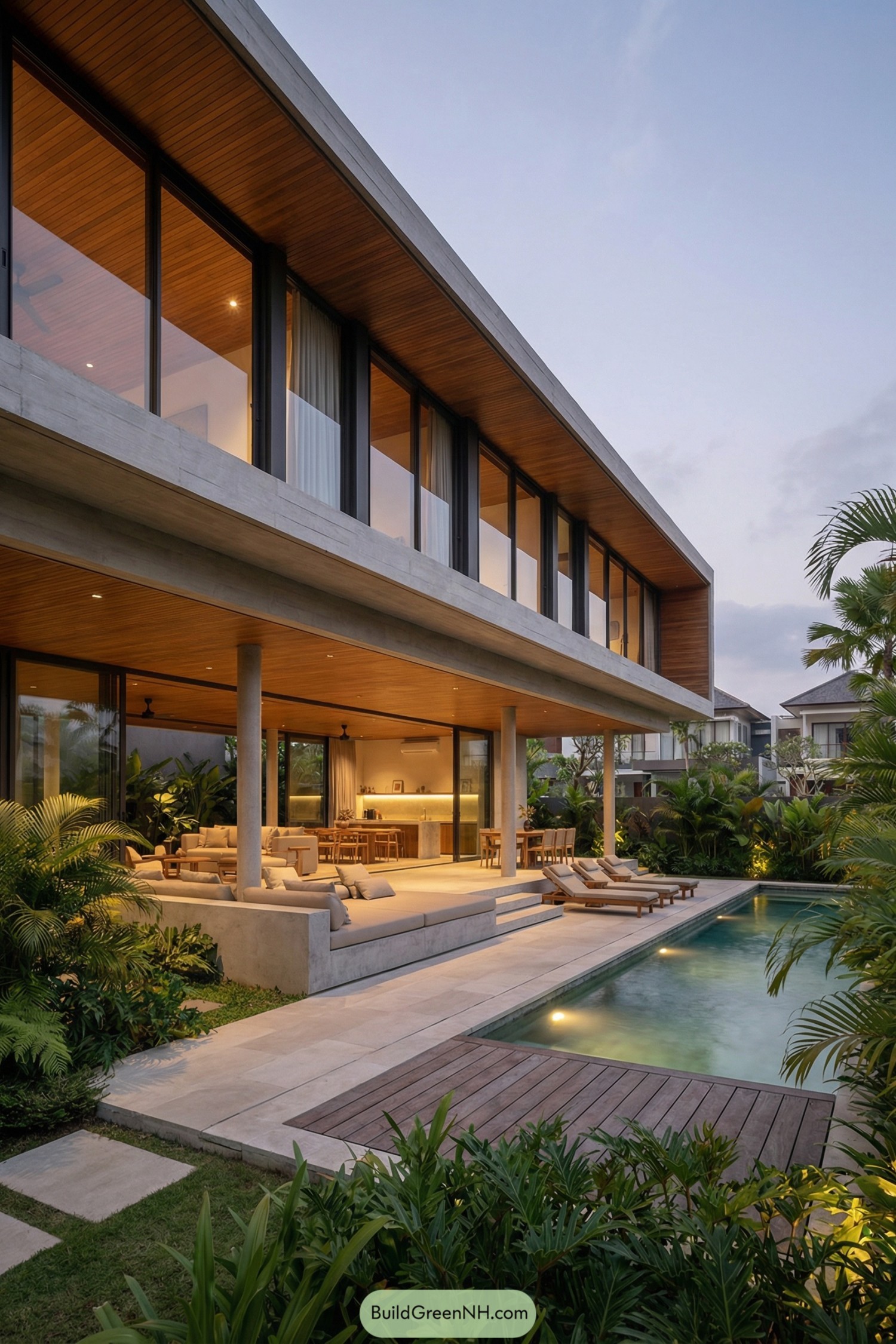 Modern two story villa with open poolside living area and lush tropical garden