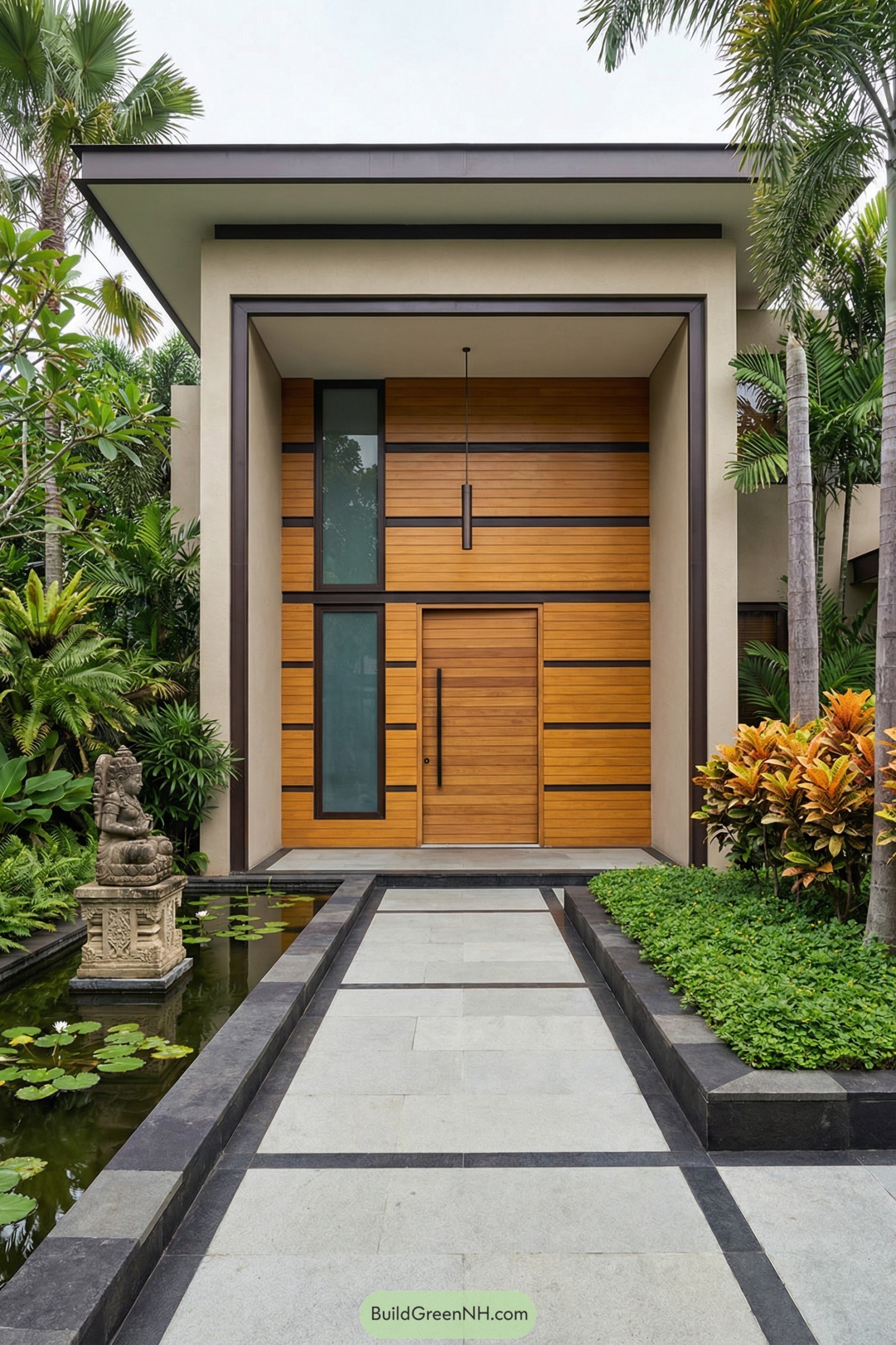 Modern tropical house entrance with wood facade, reflecting pond, and lush garden
