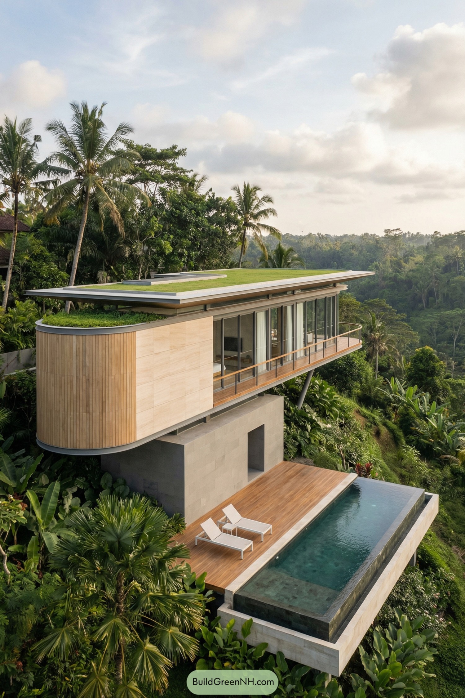 Modern hillside villa with green roof and infinity pool overlooking tropical forest