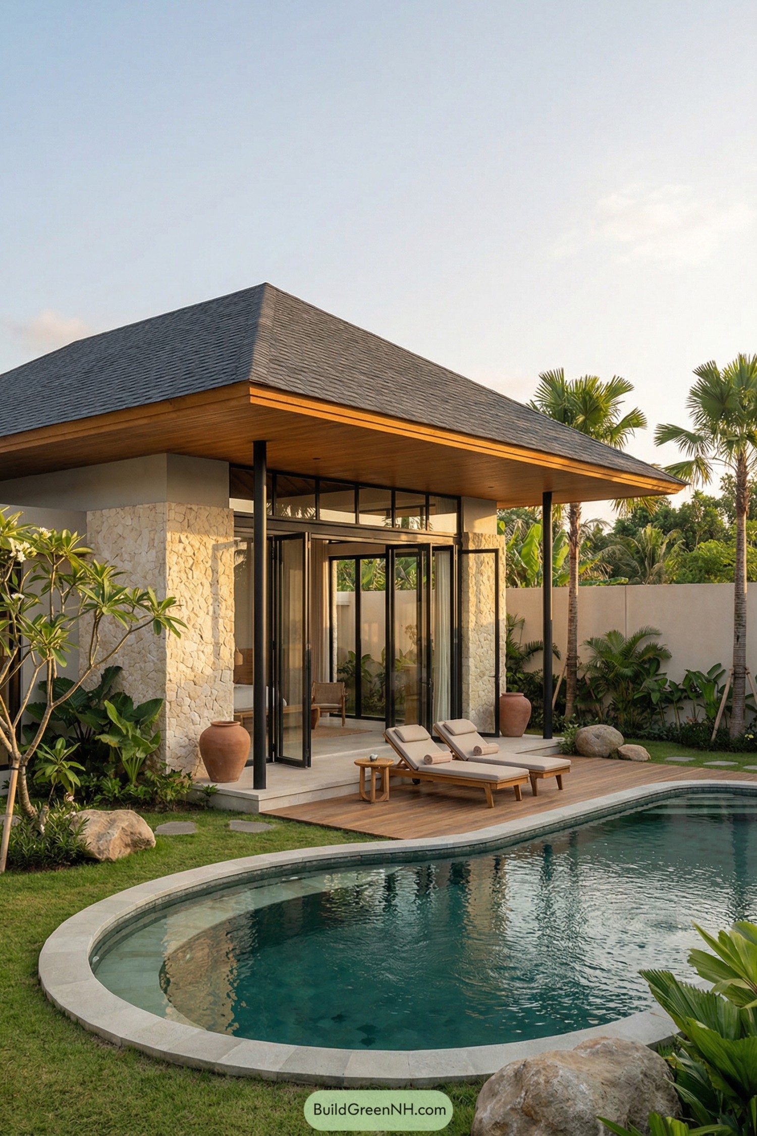 Modern Bali villa with curved pool, stone walls, and open glass pavilion