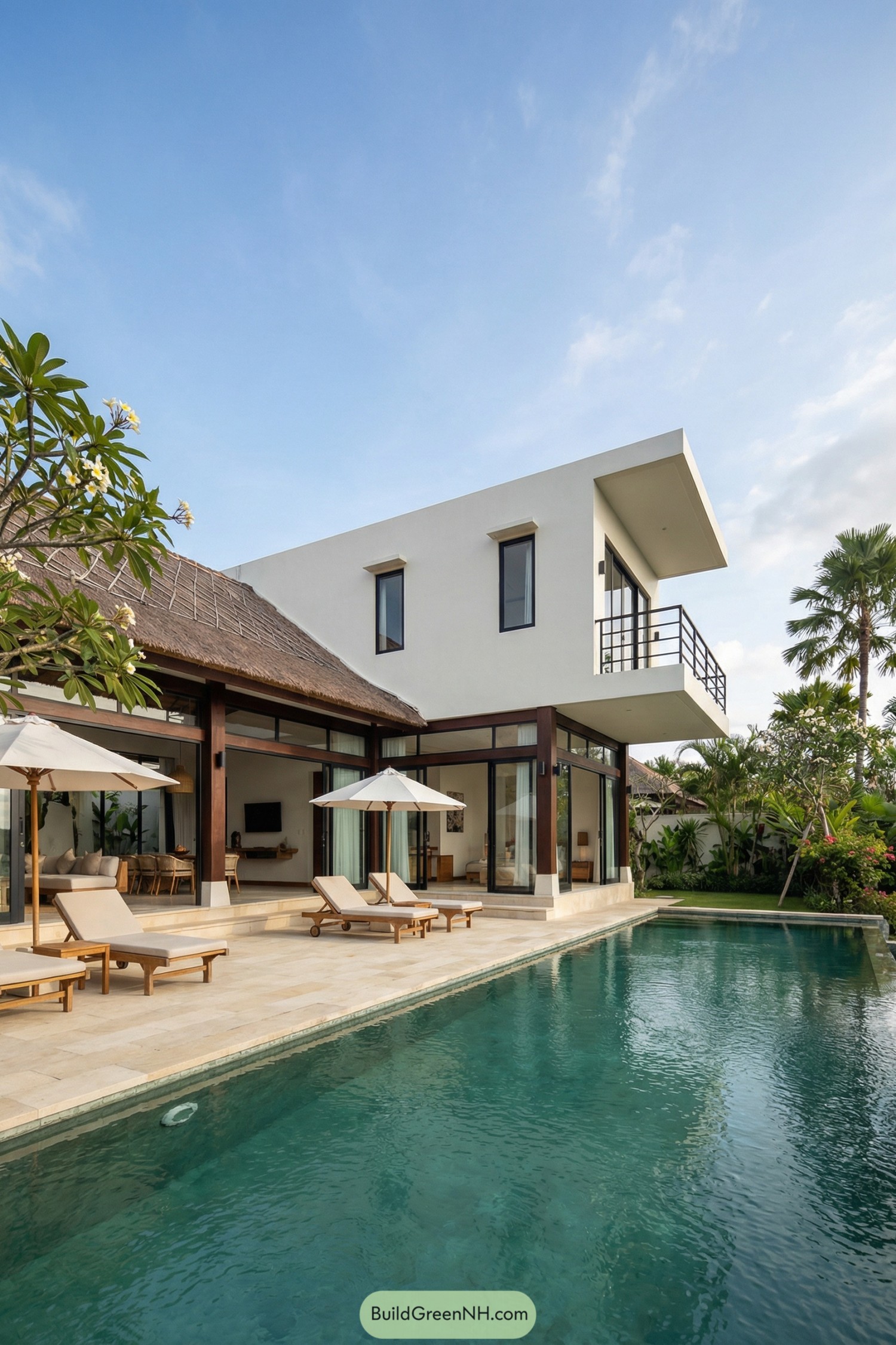 Contemporary Bali villa with cantilevered upper floor overlooking a pool and garden