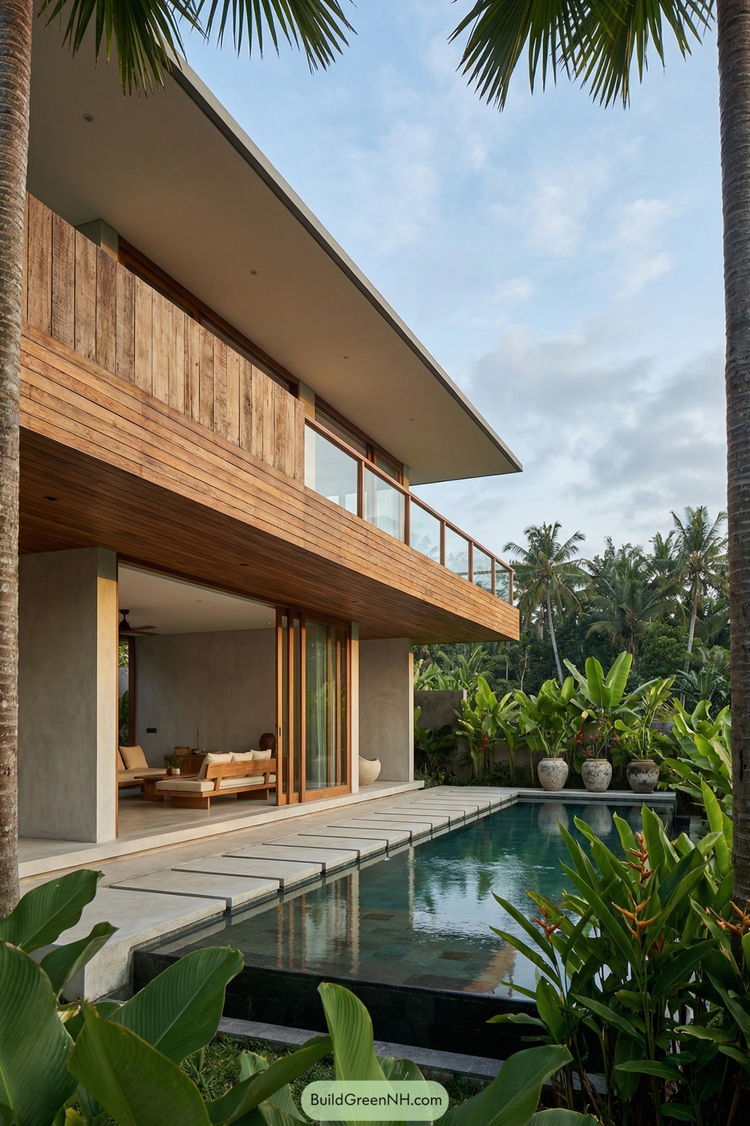 Contemporary two story Bali villa with timber cladding beside a narrow pool and lush tropical garden