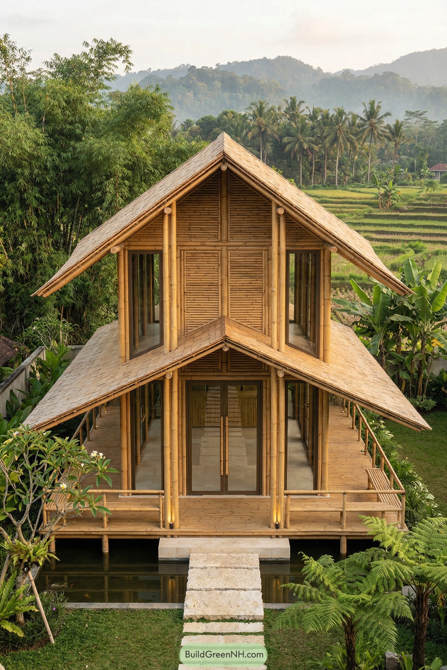 Two story bamboo house with layered pitched roofs, wraparound veranda, and stone path over a reflecting pond