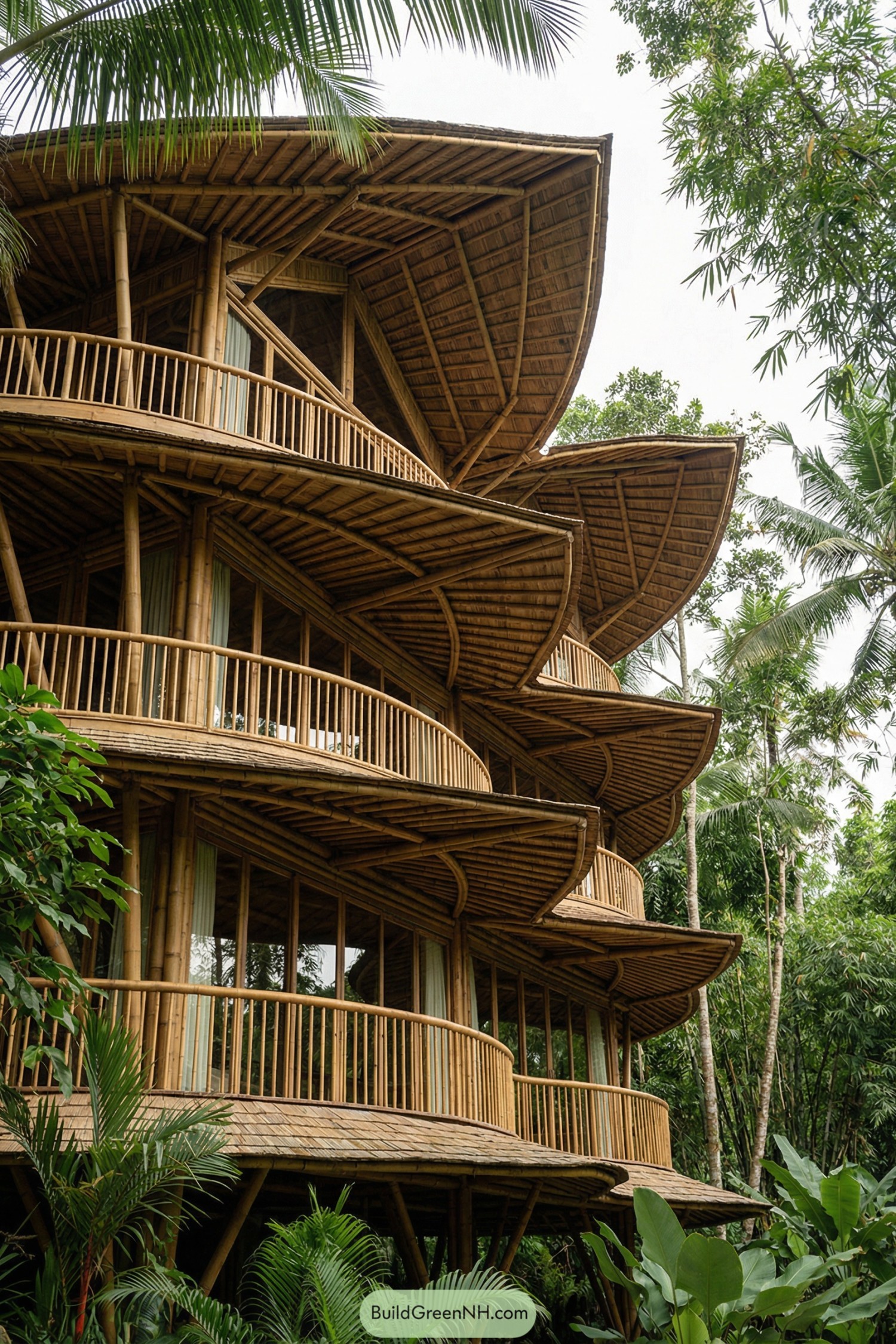 Multi level bamboo house with curving petal like balconies in tropical greenery