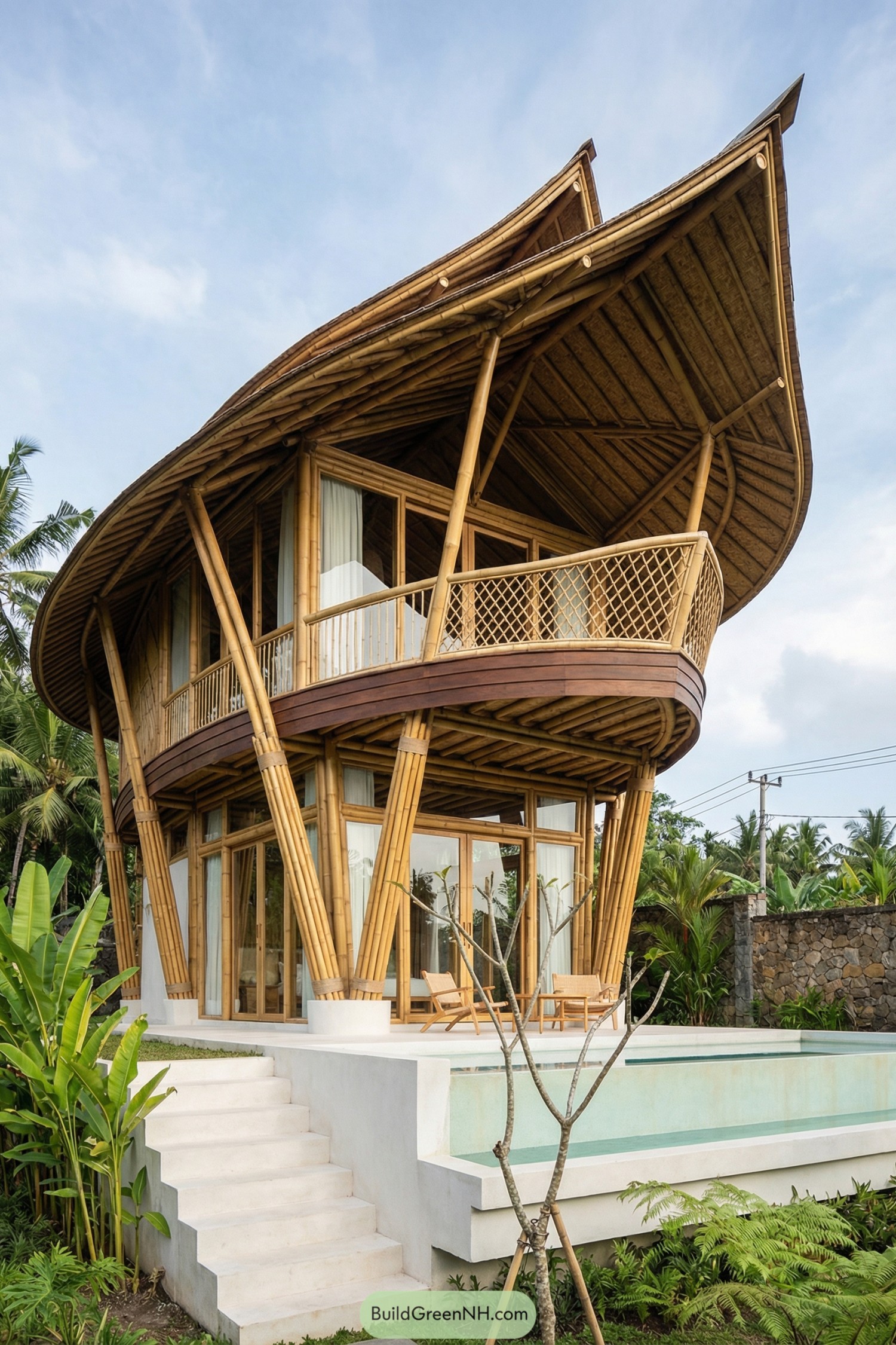 Curved two story bamboo villa with balcony and pool