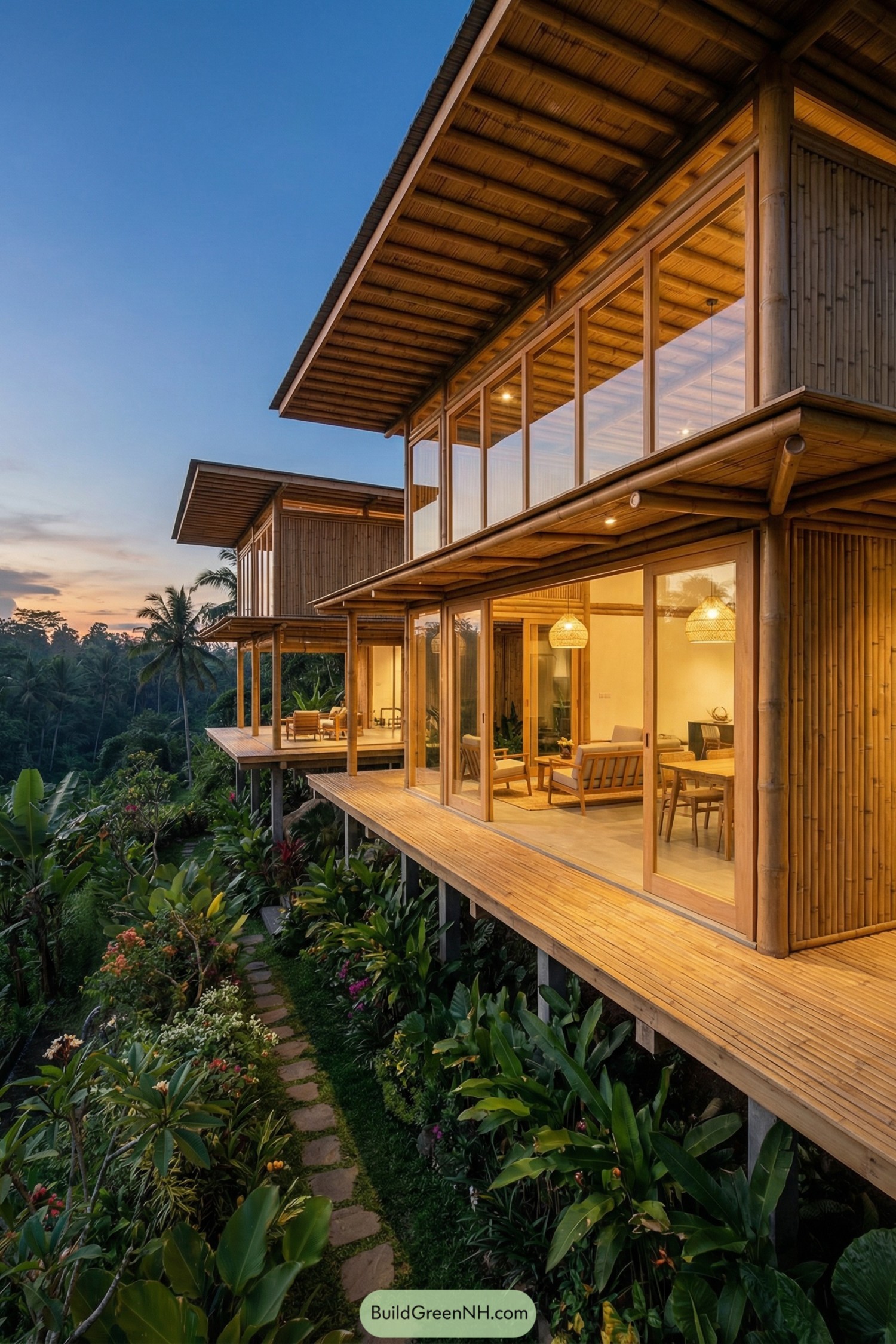 Elevated bamboo house with glass walls overlooking lush tropical valley
