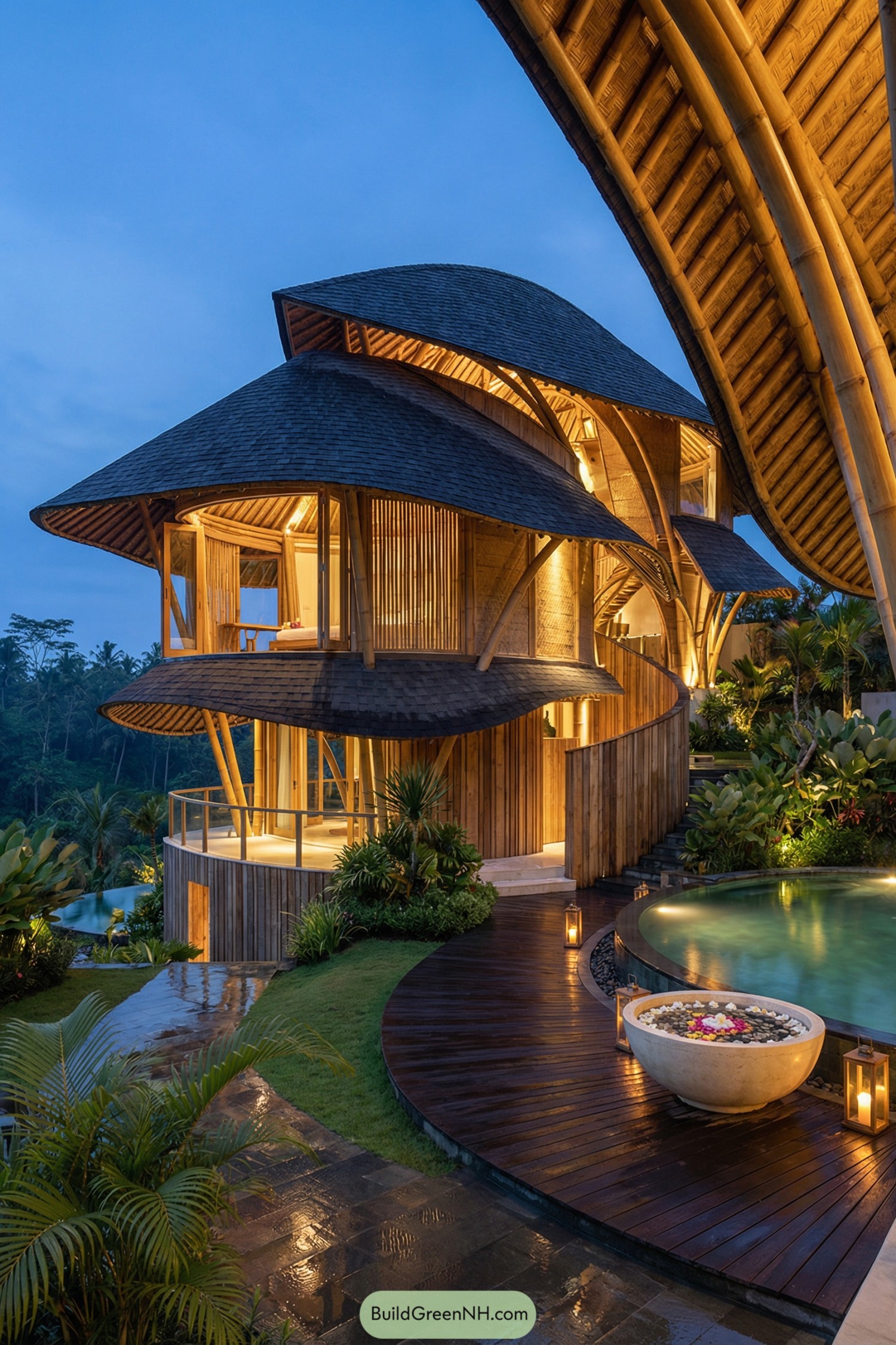 Curved multi level bamboo villa beside pool at dusk