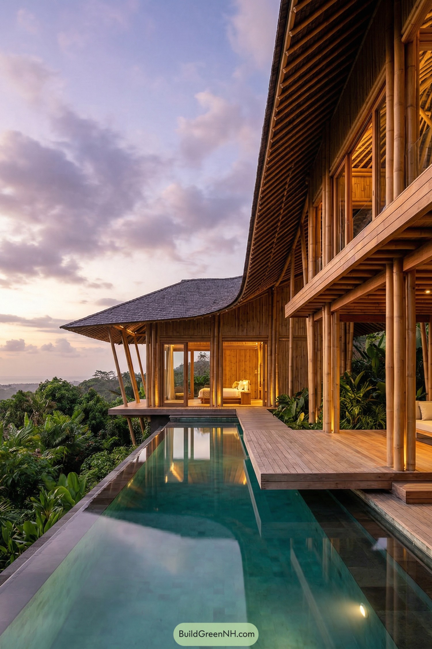 Bamboo villa with infinity pool at sunset