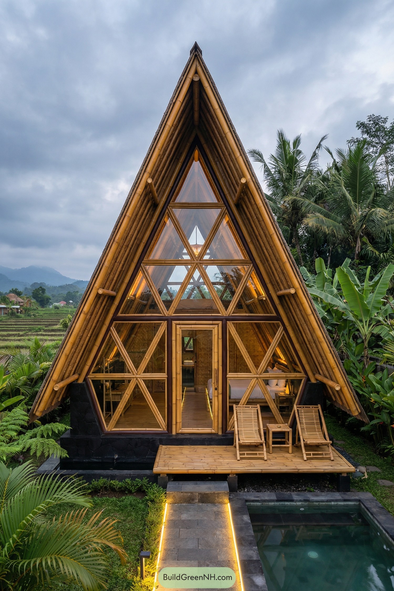 Tall A frame bamboo house with geometric glass facade beside a small pool