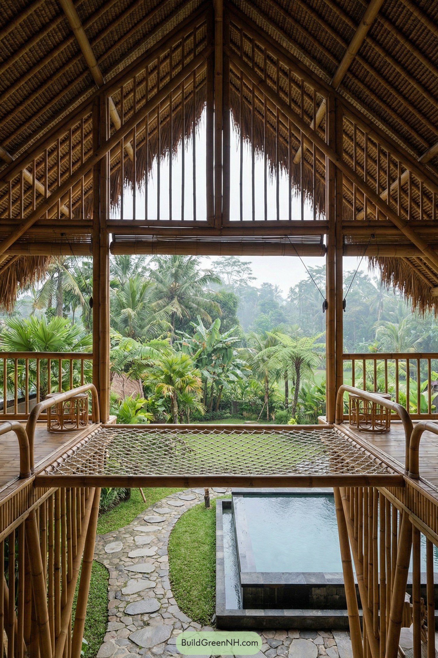 Open bamboo loft with netted hammock deck overlooking tropical garden and plunge pool