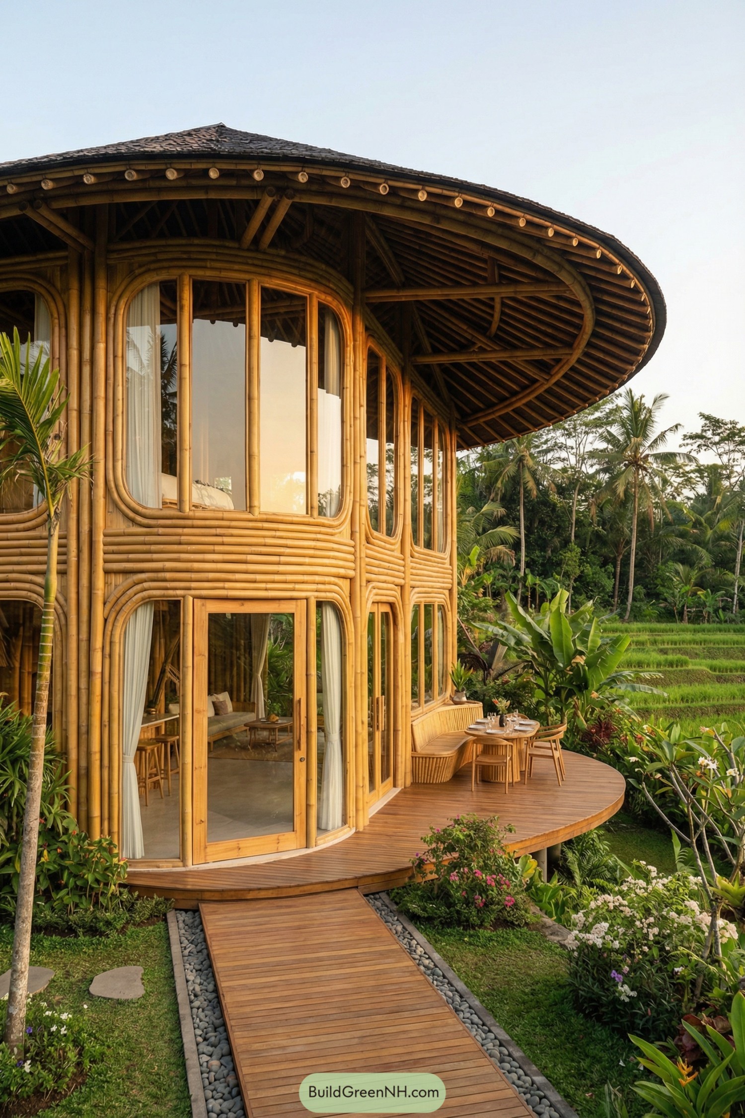 Two story bamboo villa with curved glass walls and wraparound deck overlooking tropical gardens and rice fields