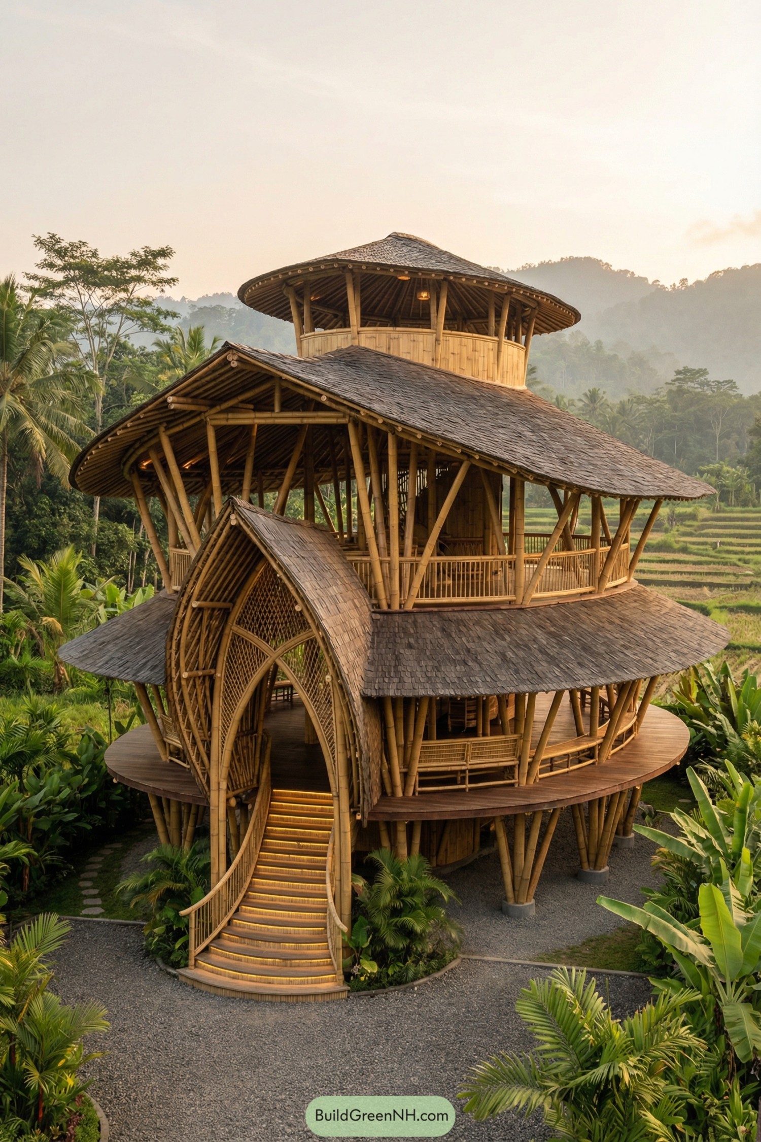 Multi level bamboo house with sweeping curved roofs set amid tropical greenery