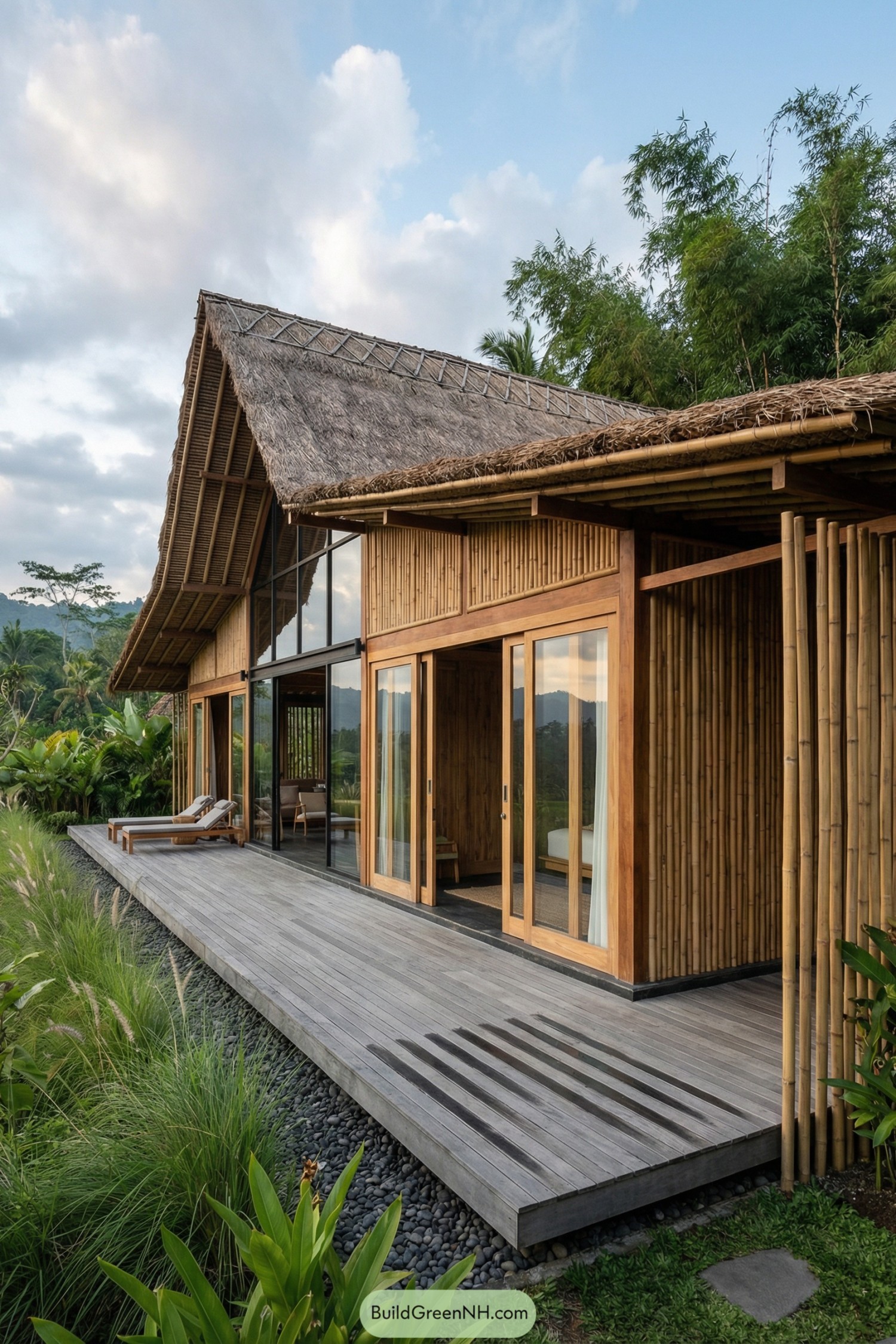 Bamboo house with thatched roof and wide deck in lush tropical setting