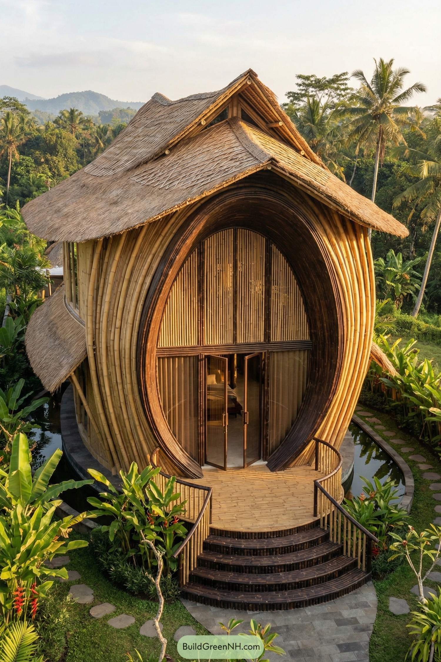 Organic bamboo house with oval façade and layered thatch roof in lush tropical garden