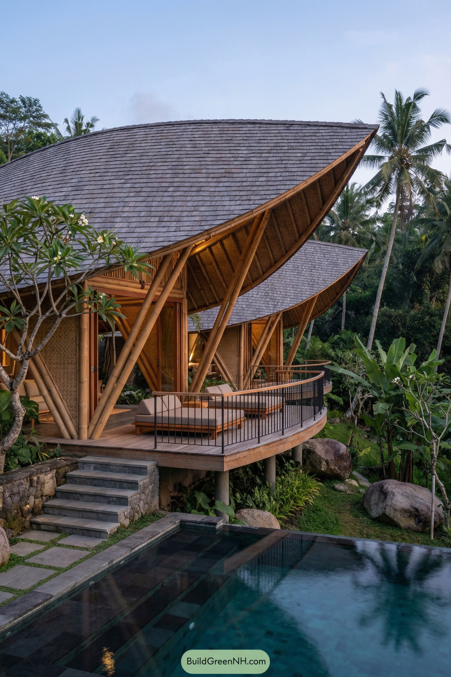 Curved bamboo villa with elevated deck and pool in lush tropical garden