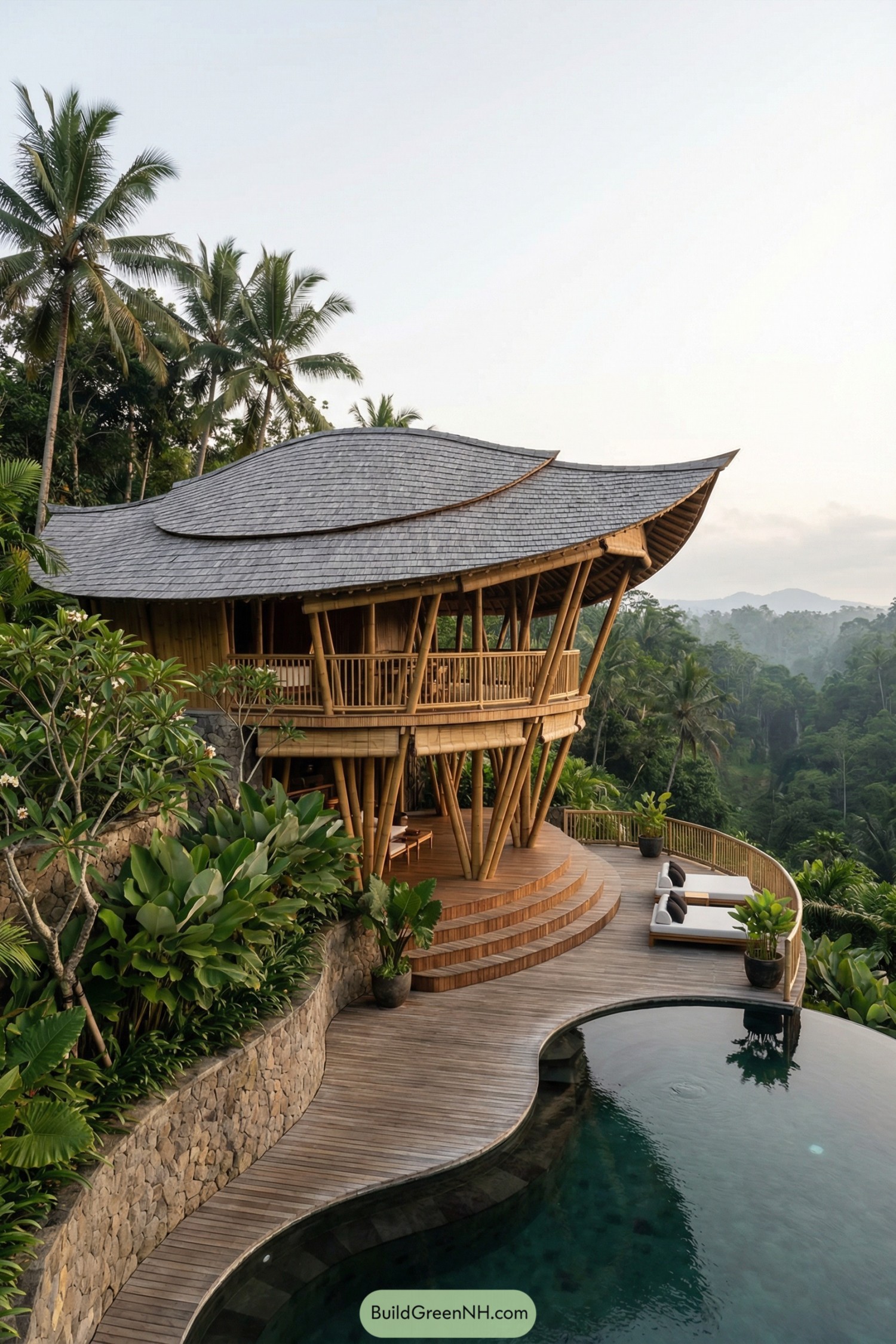 Curved bamboo villa with tiered deck and pool overlooking lush valley