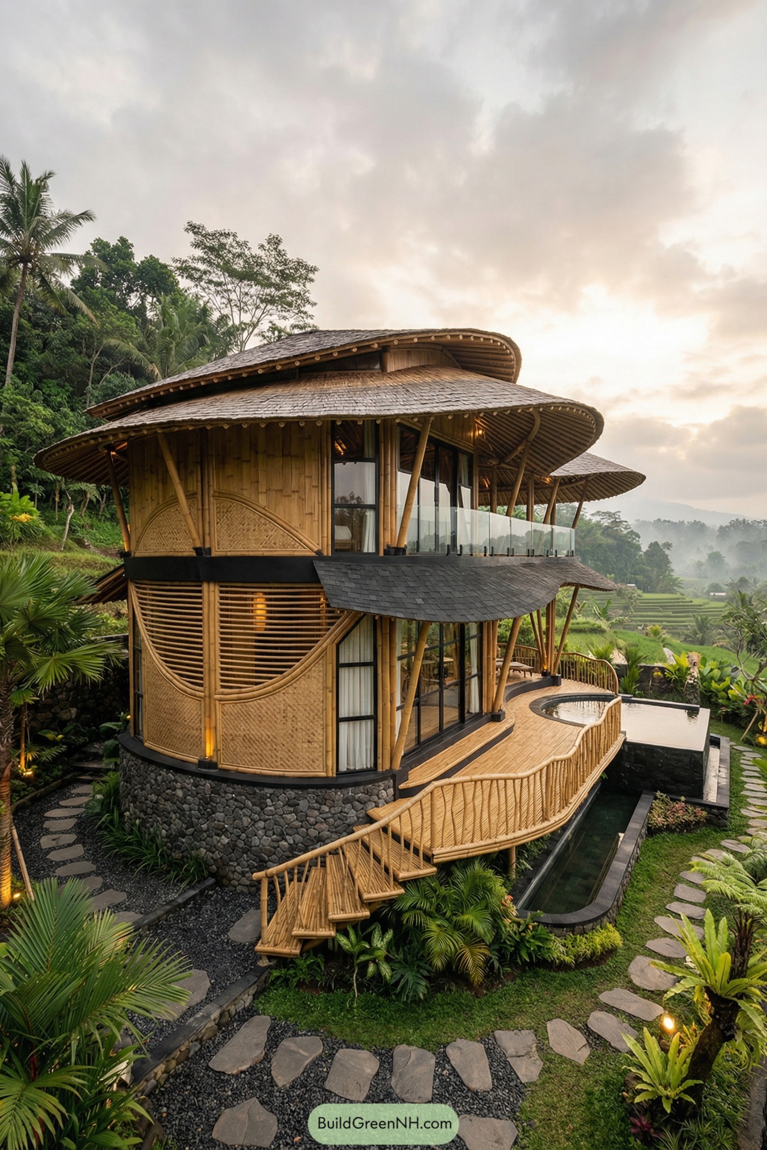 Curved two level bamboo villa with stone base and pool overlooking lush rice terraces