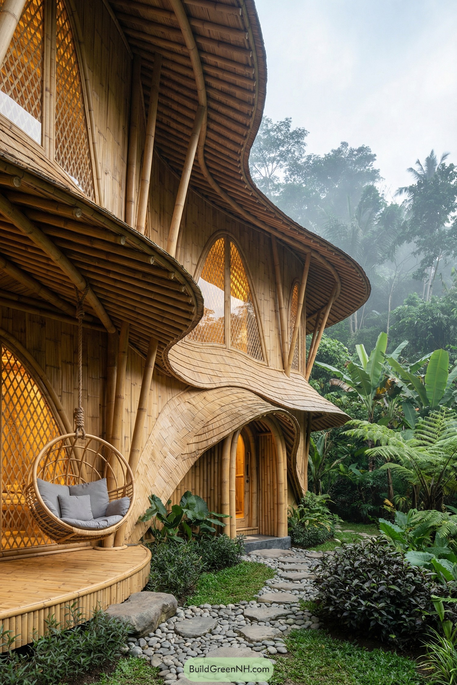 Curved bamboo house with hanging chair in lush garden