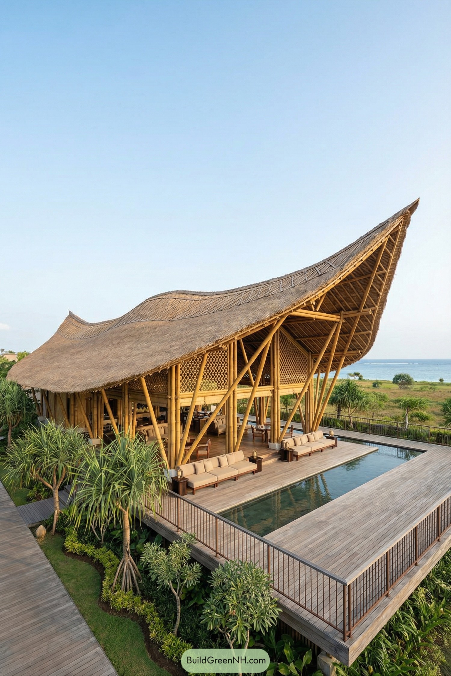 Open air bamboo pavilion with sweeping thatched roof above a pool and timber deck facing the sea