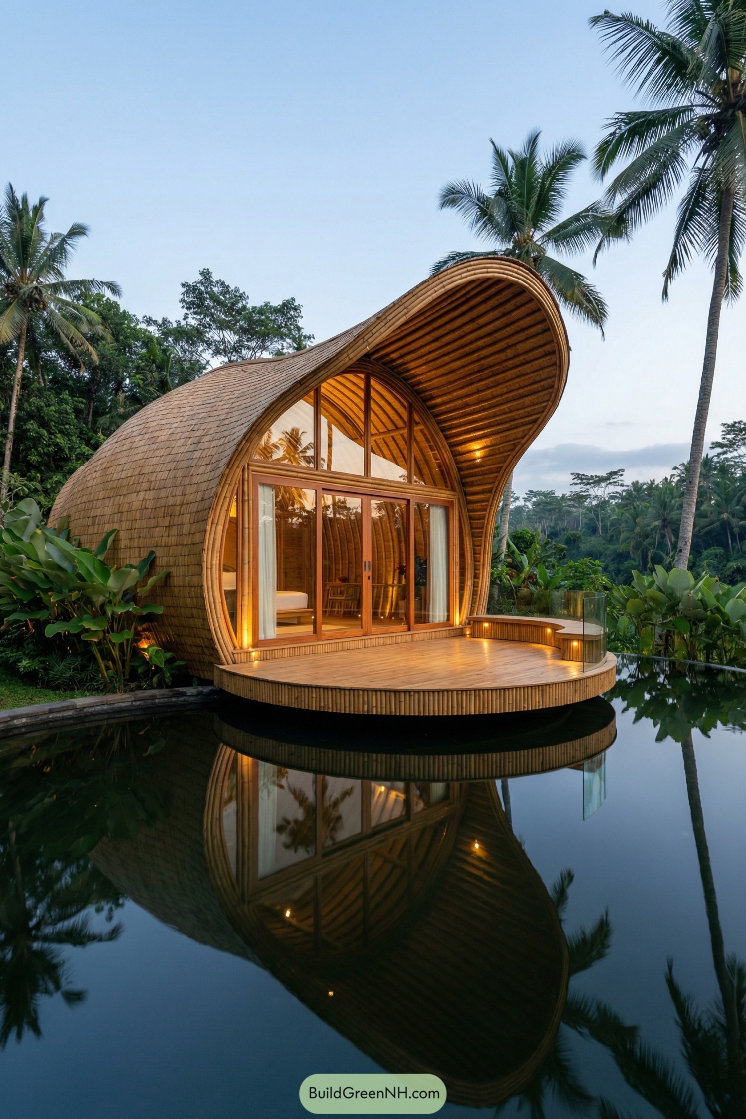 Curved bamboo villa with deck over reflective pool in tropical setting