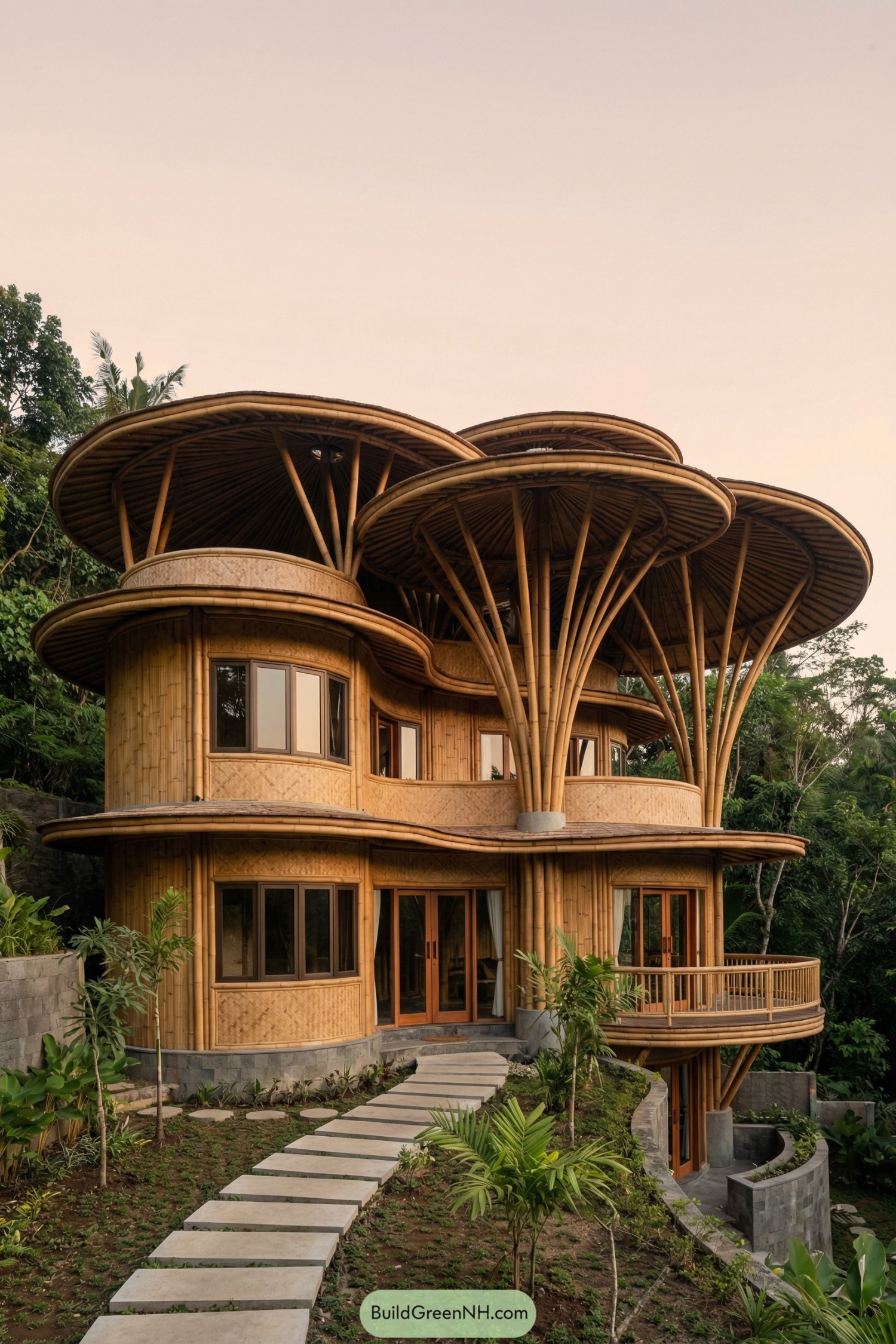 Three story bamboo villa with flared canopy roofs in lush tropical setting